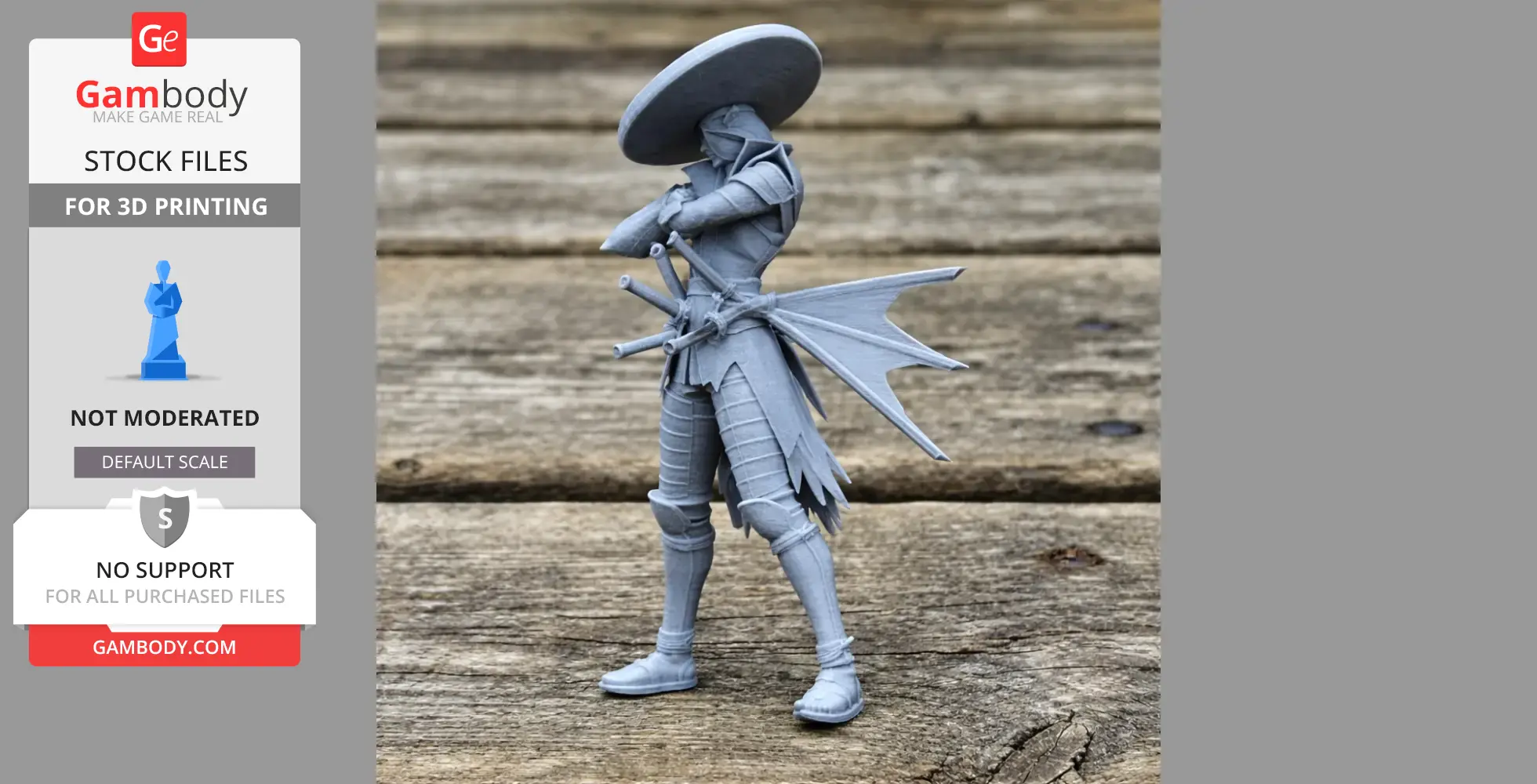A 3D-printed samurai figure with large hat and swords, posed confidently with crossed arms.