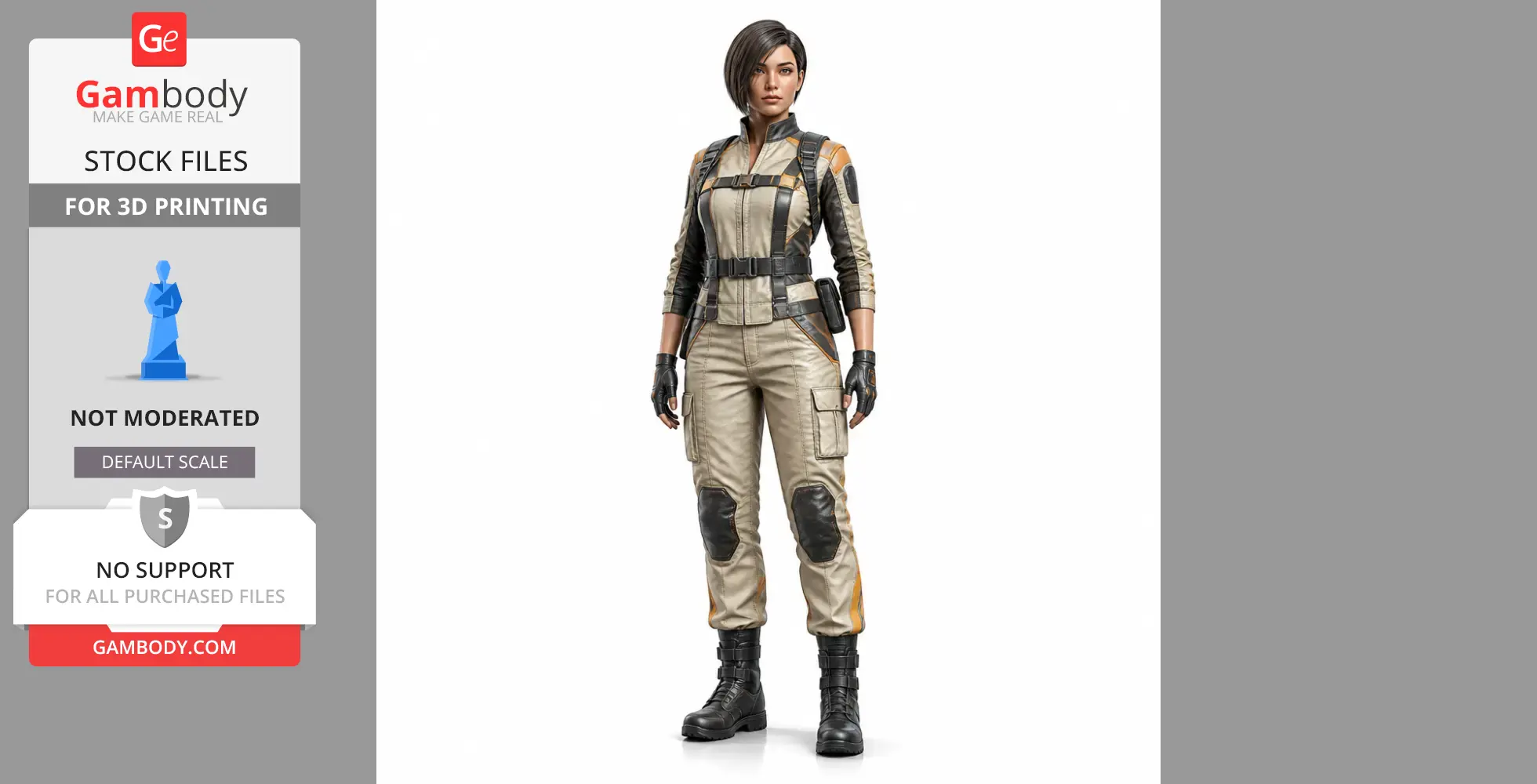 Female character in a tactical suit with short hair, gloves, and boots, posed for 3D printing.