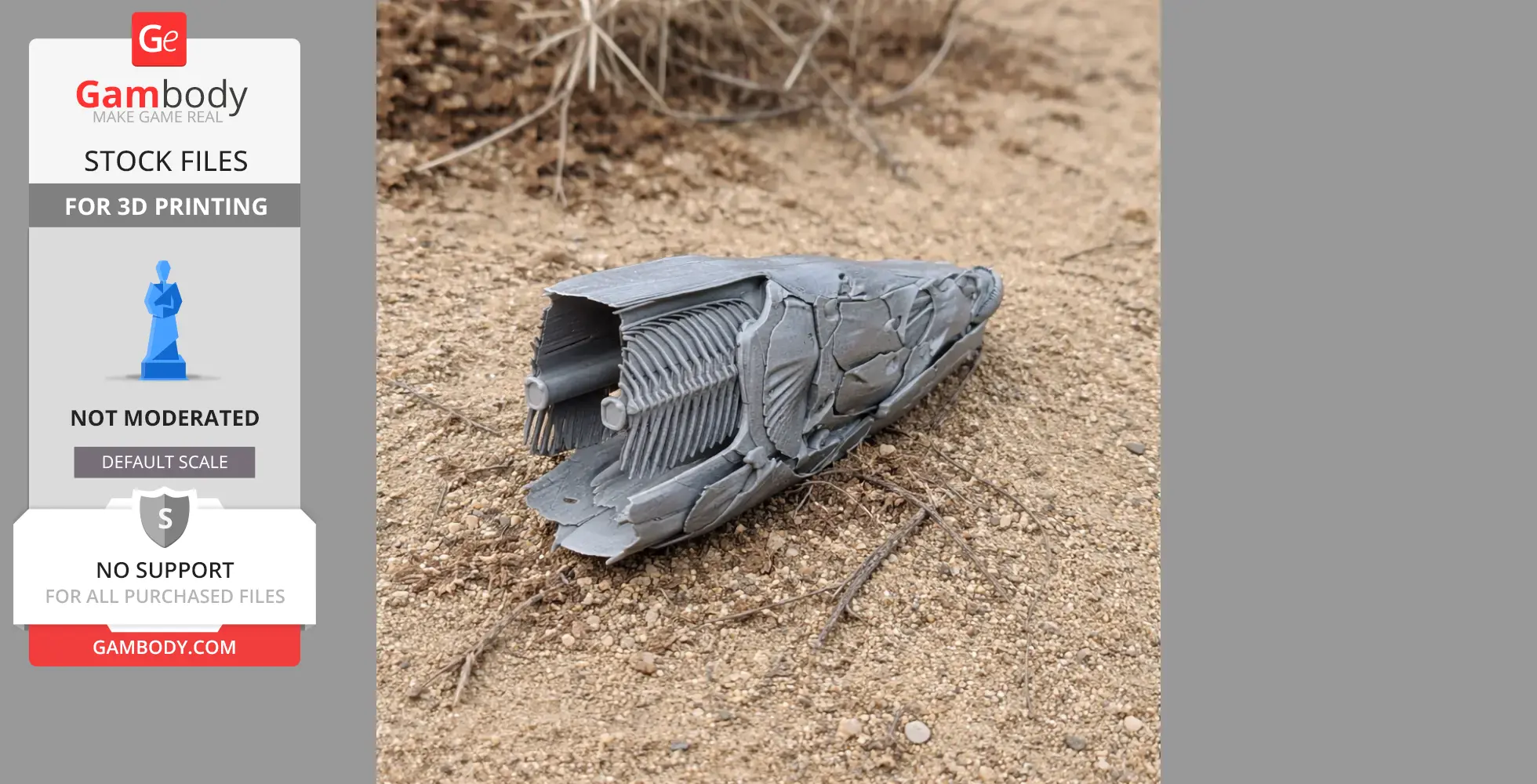 3D printed Arapaima gigas skull model on sandy ground.