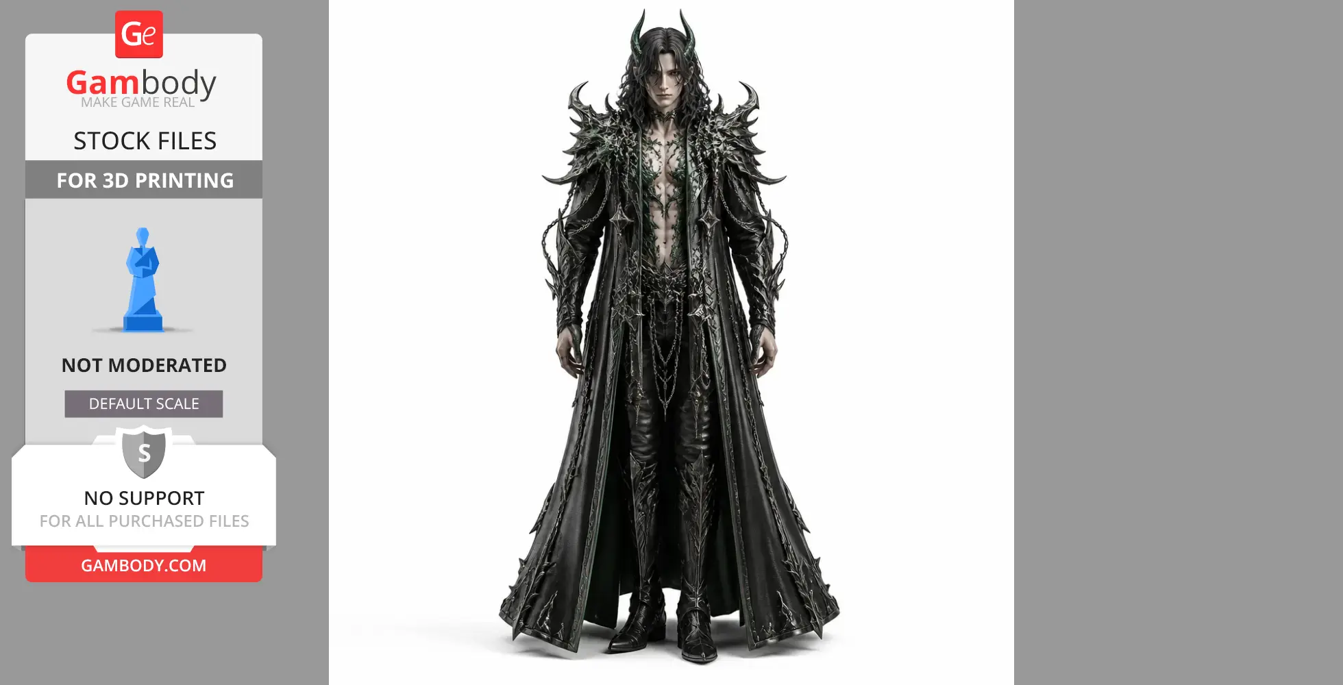 Fantasy character in dark, spiky armor with long coat and horns, suitable for 3D printing from Lost Ark.