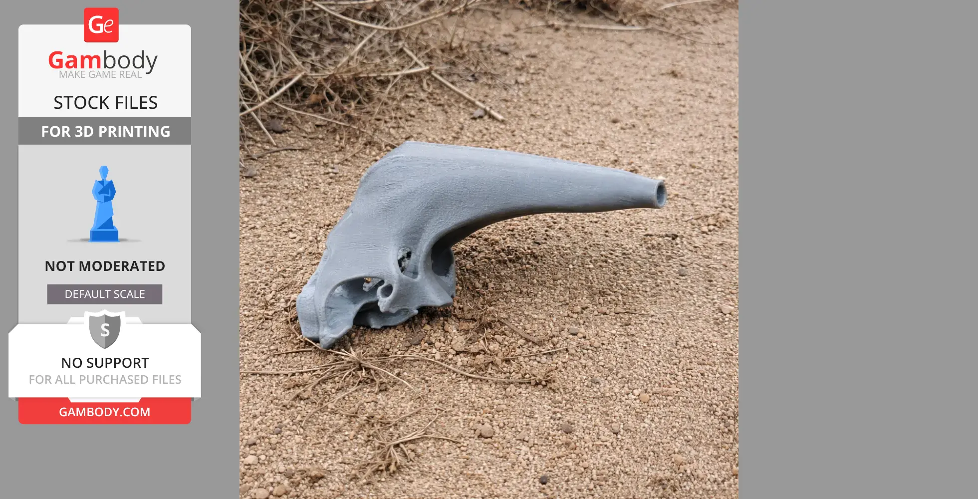 3D-printed Araripesuchus skull model displayed on sandy ground for showcasing.