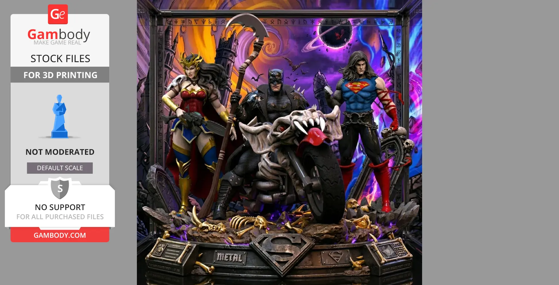 Batman, Superman, and Wonder Woman in dynamic poses with a dark, dramatic background in DC Death Metal style.