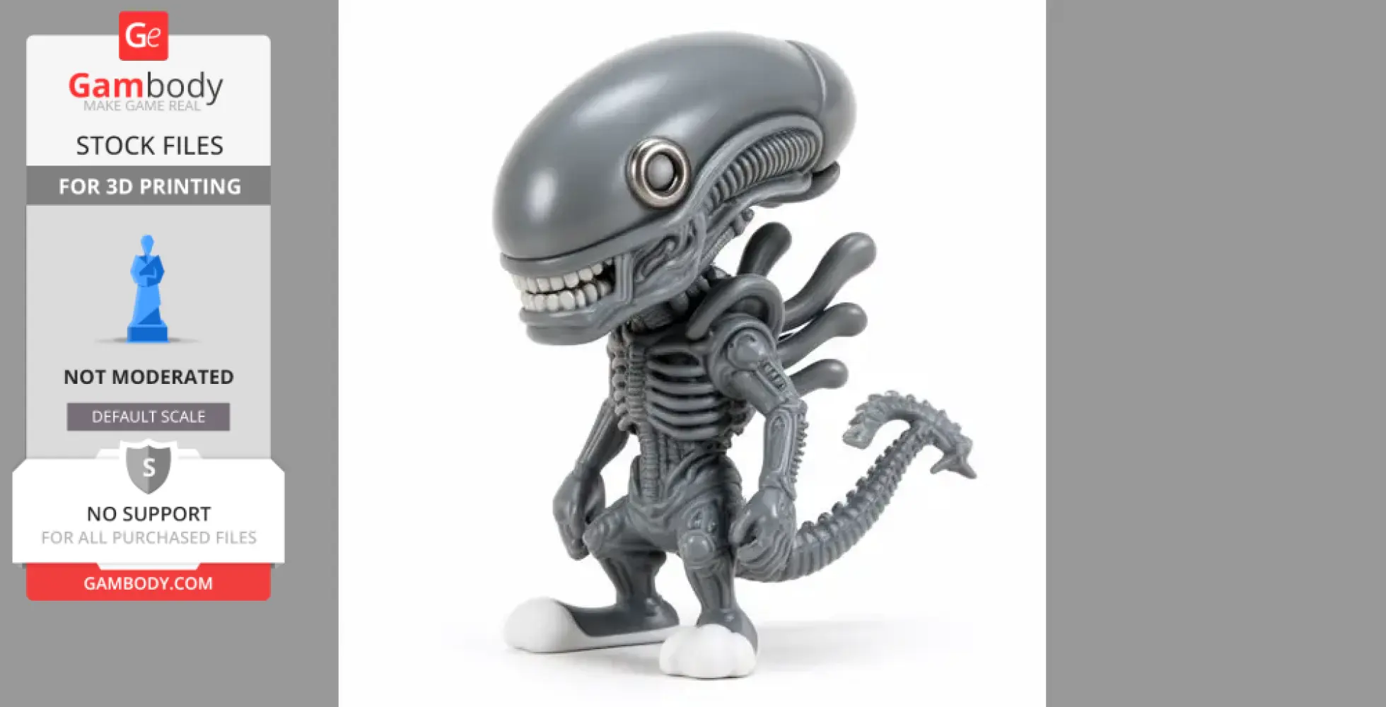 A gray cartoonish hybrid figure of a xenomorph and rabbit, featuring long ears and a segmented tail.