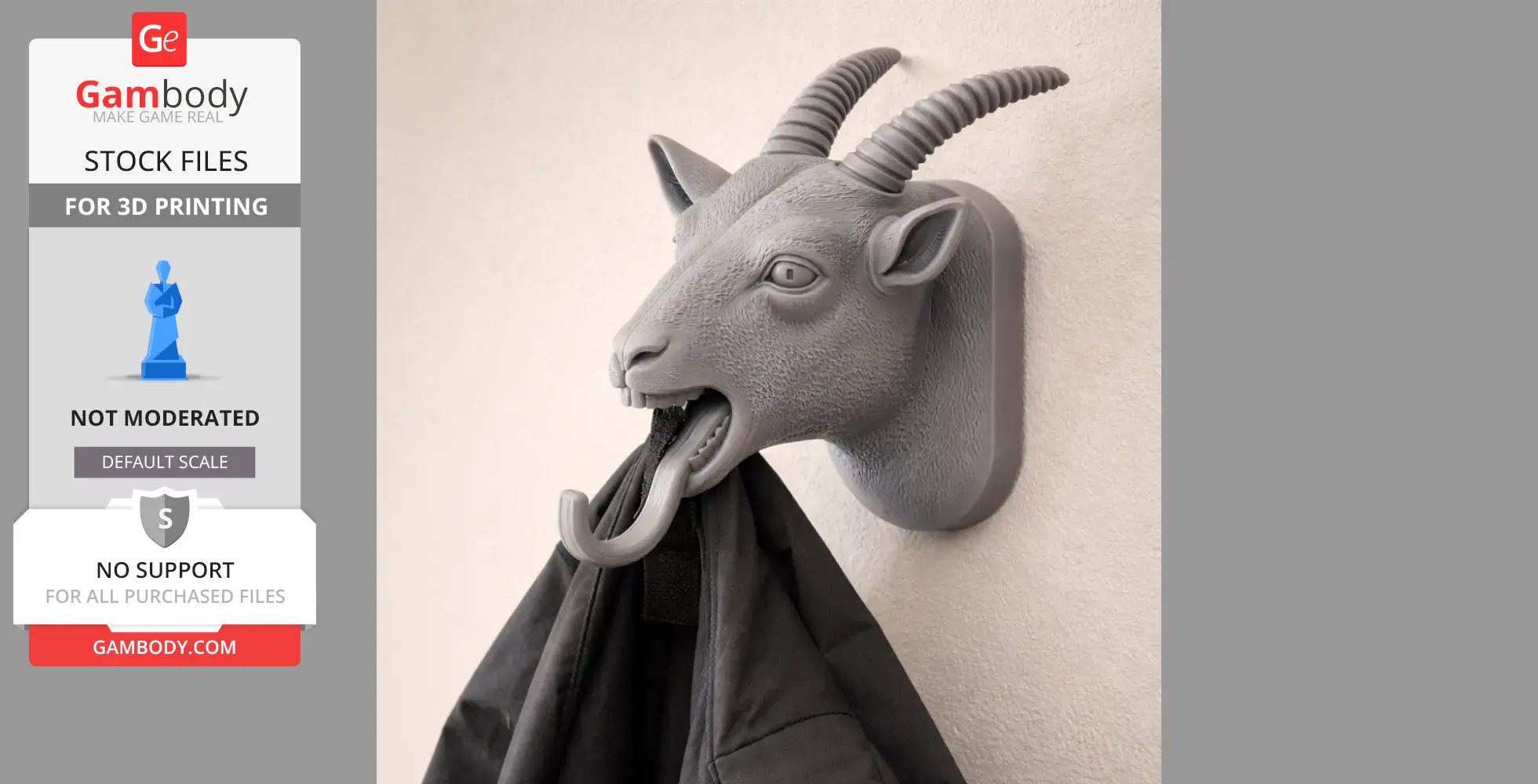 3D-printed goat head wall hook holding a coat, designed for keys and garments.