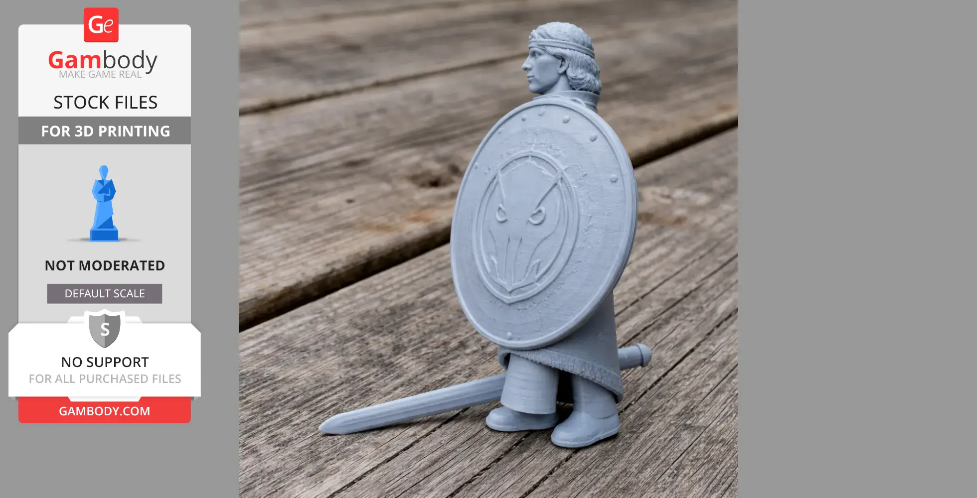 Gray 3D-printed ancient warrior figurine with shield and sword on wooden surface.