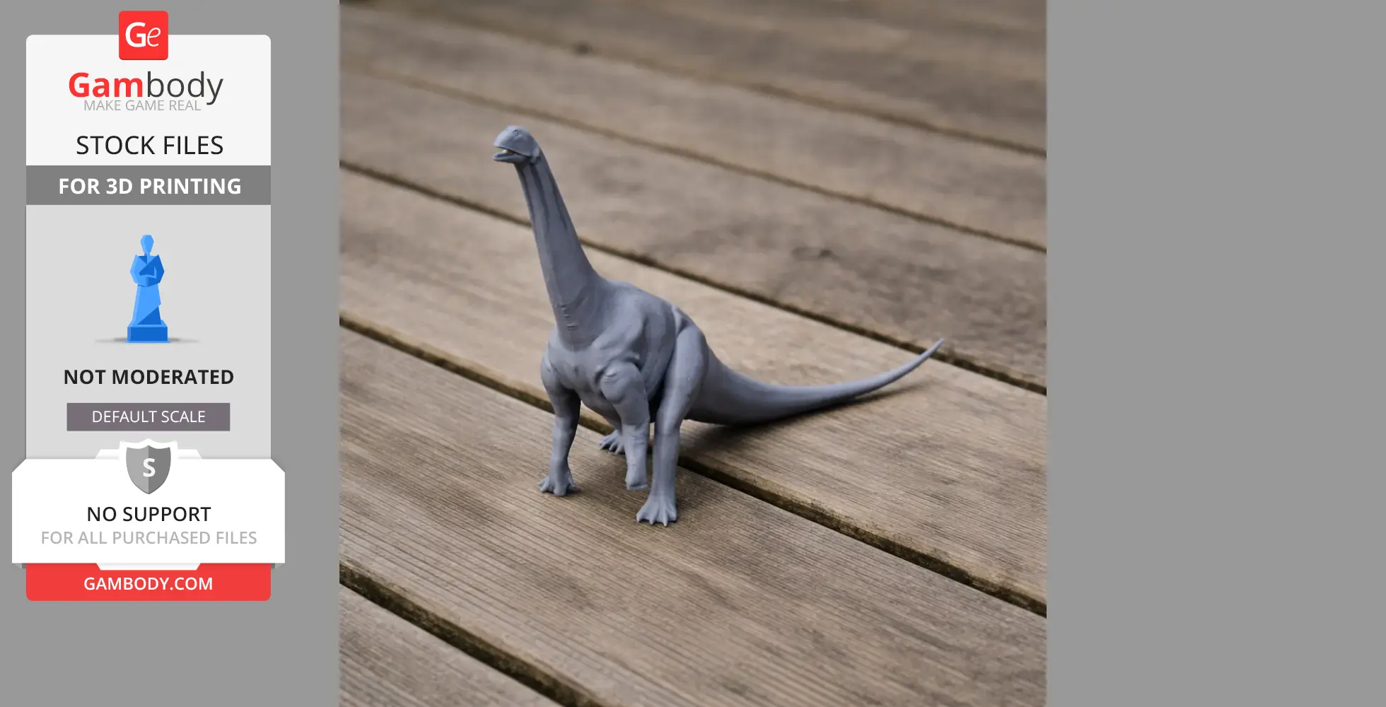 A 3D-printed Jobaria dinosaur model standing on a wooden surface.