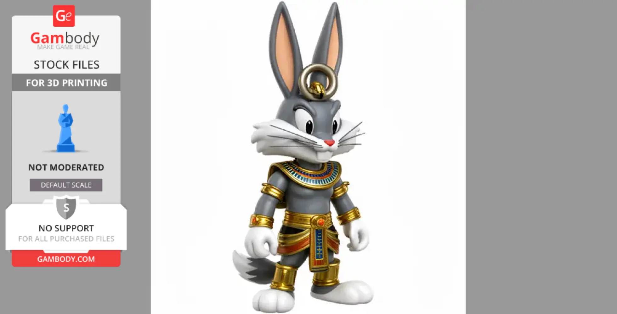 Anthropomorphic rabbit in Anubis-style attire with Egyptian jewelry and headdress for 3D printing.