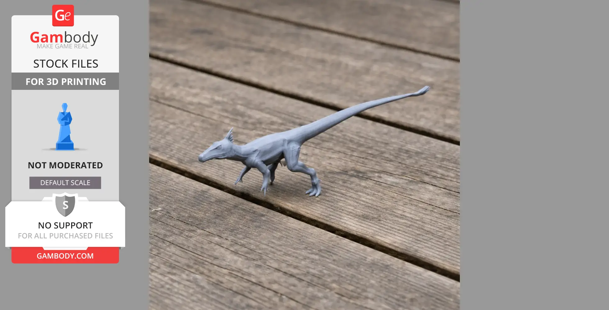 A 3D-printed model of a dinosaur, possibly a Juravenator, on a wooden surface.