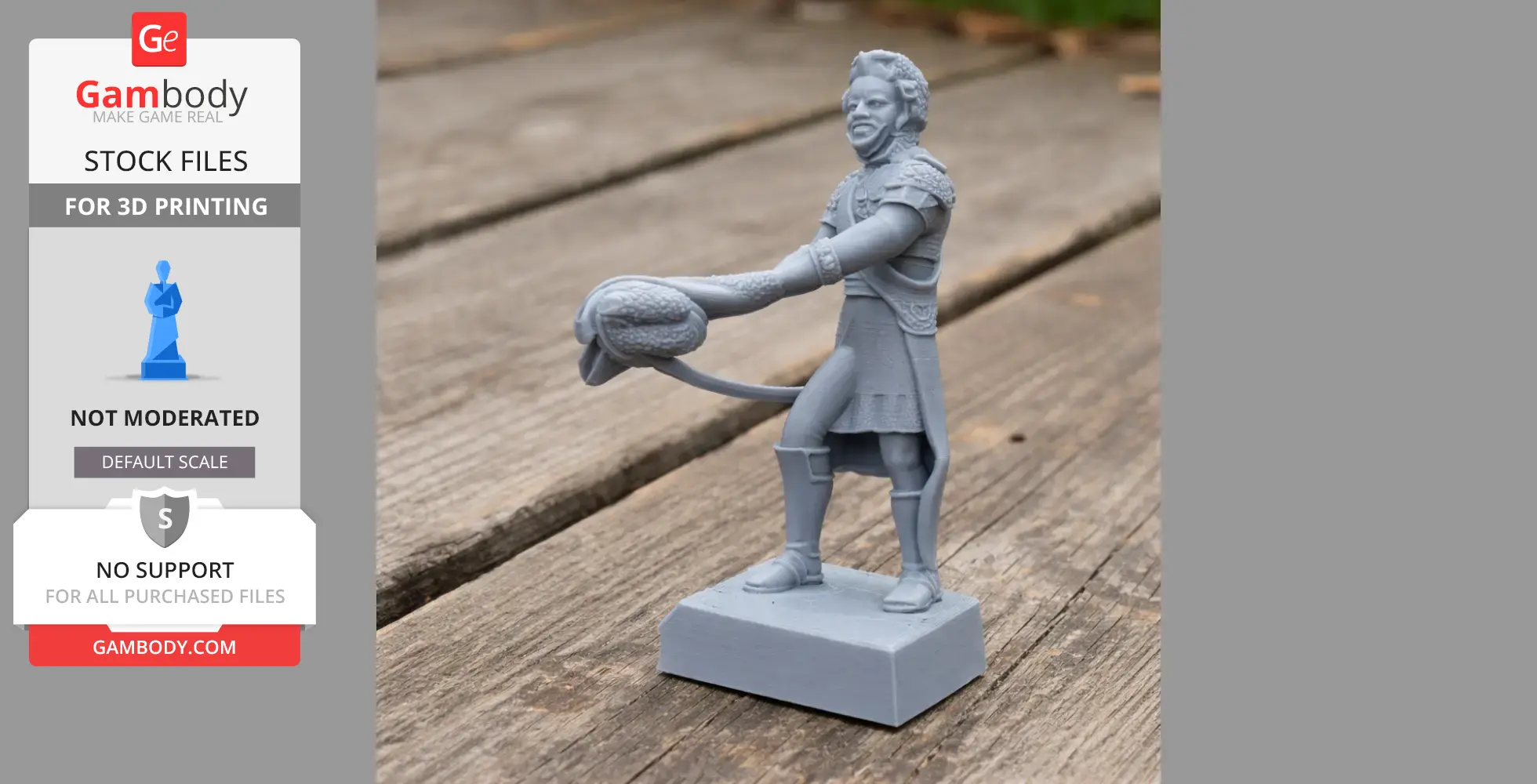 A 3D-printed figure of a soldier in historical attire holding a large ornate hat on a wooden surface.