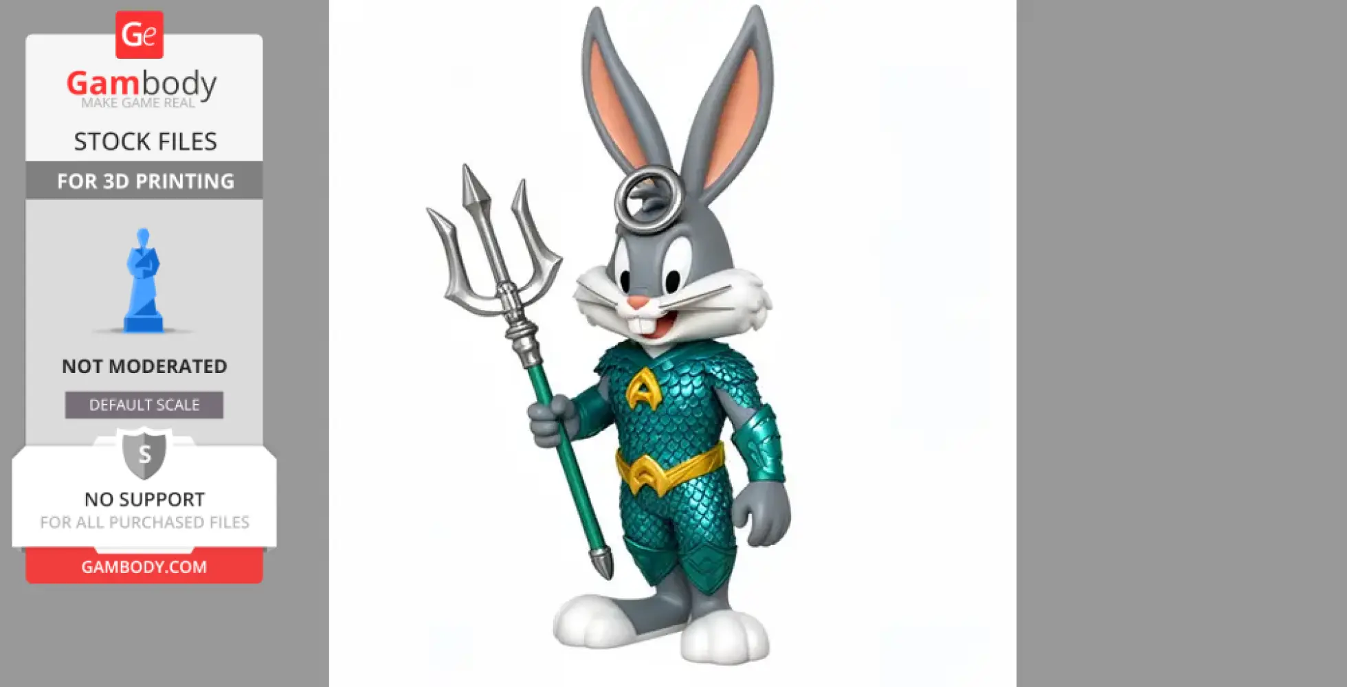 Cartoon rabbit in Aquaman costume holding trident, designed for 3D printing.