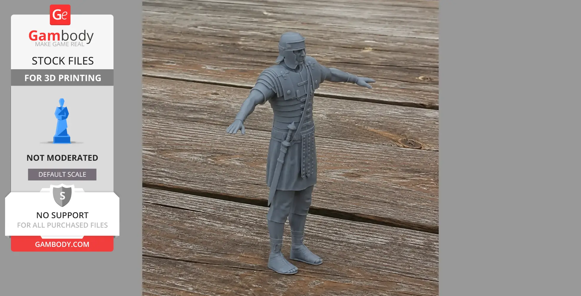 A 3D printed model of a Roman legionary in armor, standing with arms outstretched.