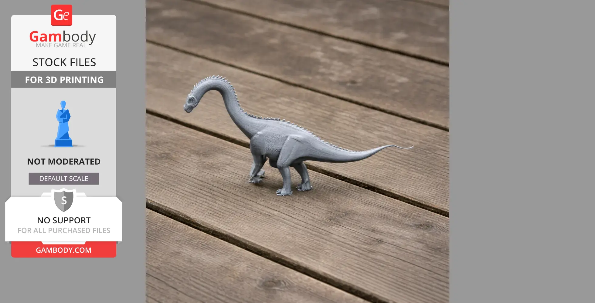 Gray 3D-printed Kaatedocus dinosaur model on a wooden surface.