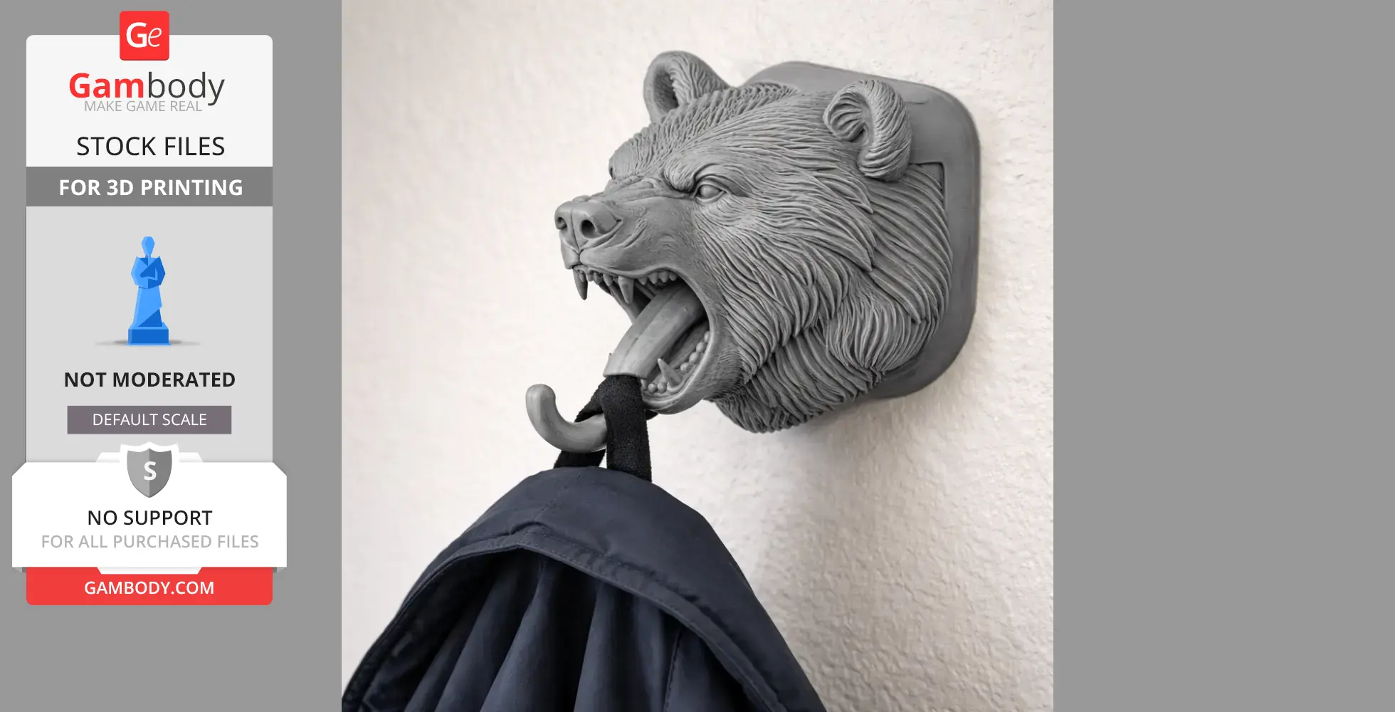 3D-printed grizzly bear head wall hook, used for hanging coat and keys.