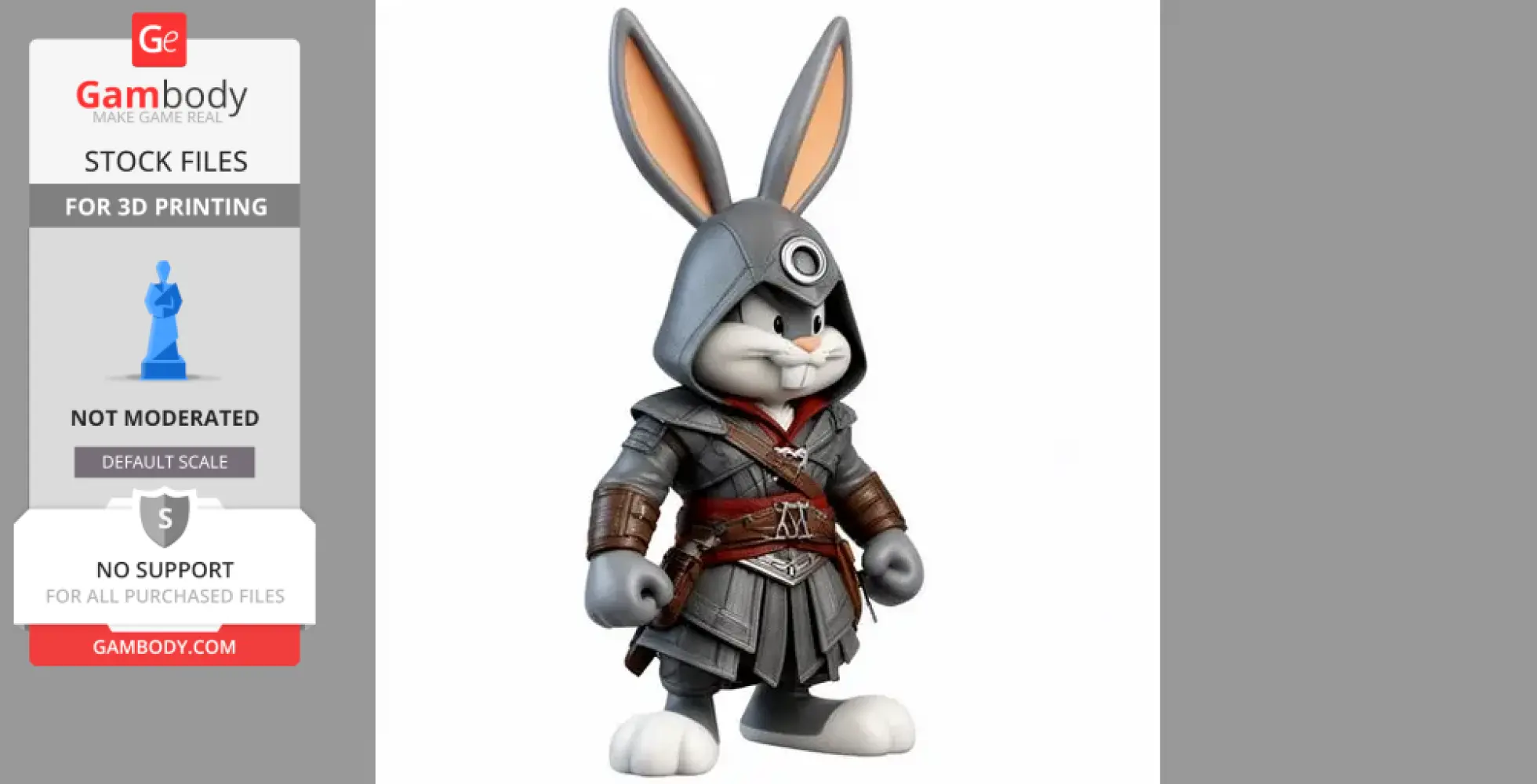 Bugs Bunny dressed as an assassin, wearing a hooded outfit with leather and metal details.