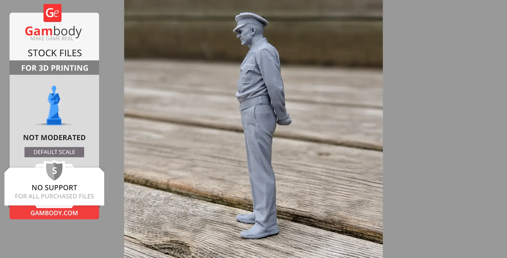3D-printed model of a WWII soldier in uniform and cap, standing with hands behind back.