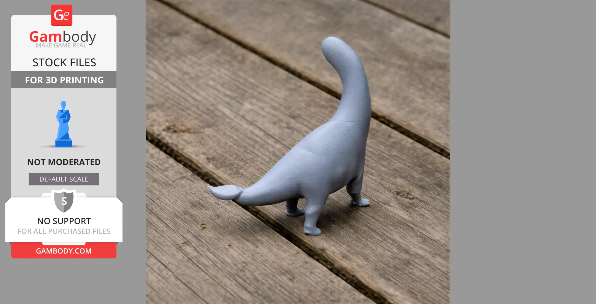 A small, gray 3D-printed dinosaur figure with a long neck and tail on a wooden surface.