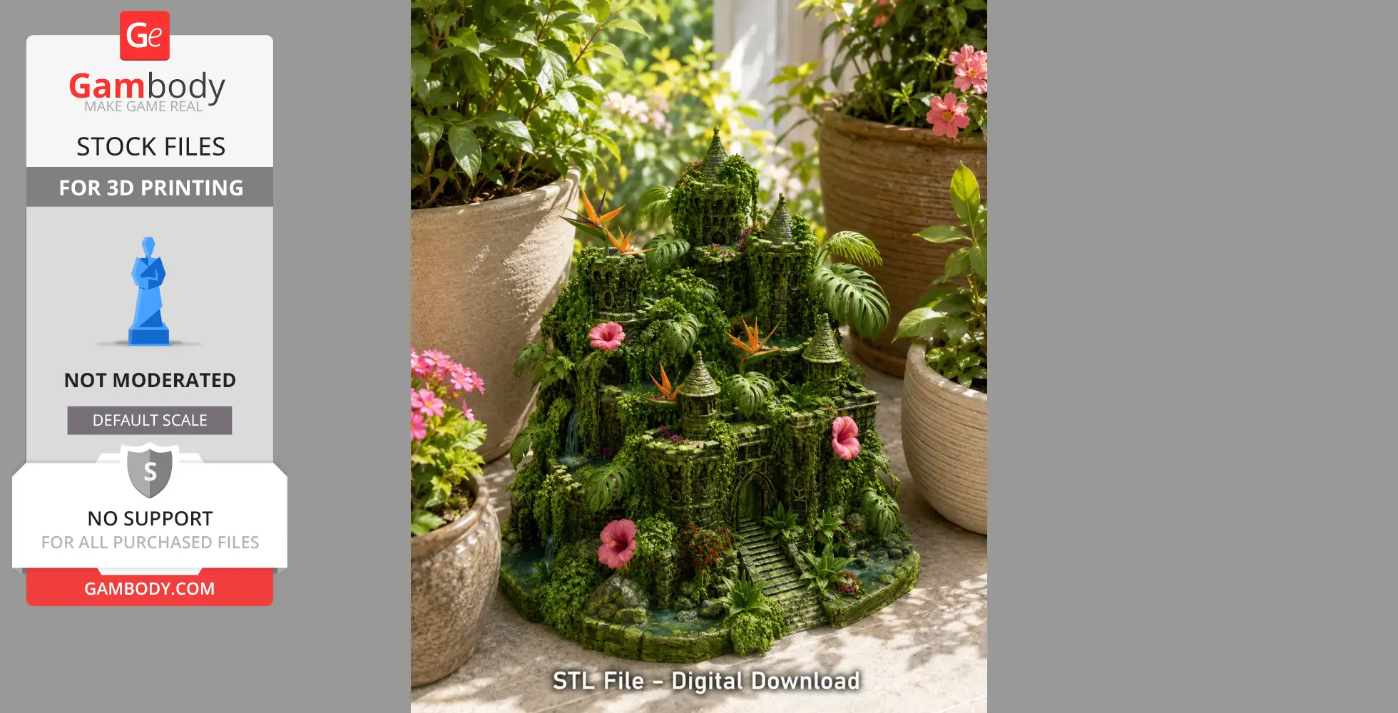 A miniature green castle with plants and flowers, surrounded by pots of greenery.