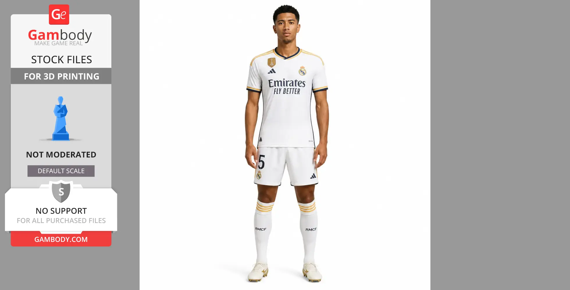 A 3D model of a soccer player in a white uniform with number 5, standing upright.