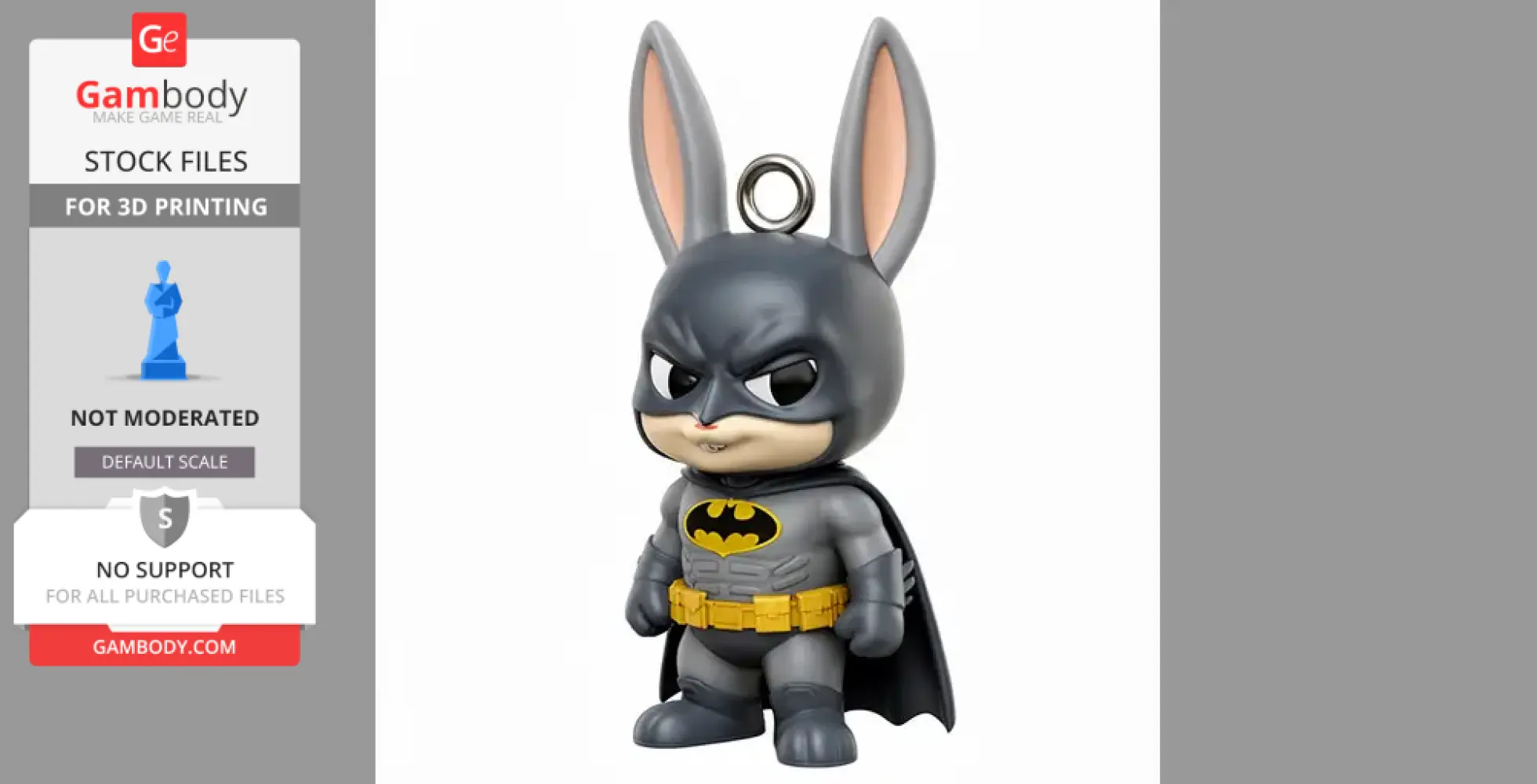 A cartoon rabbit in a Batman costume with tall ears and a cape, designed for 3D printing.