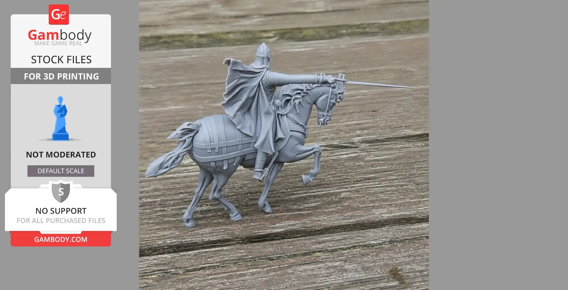 A detailed figurine of a knight on horseback with sword drawn, ready for 3D printing.