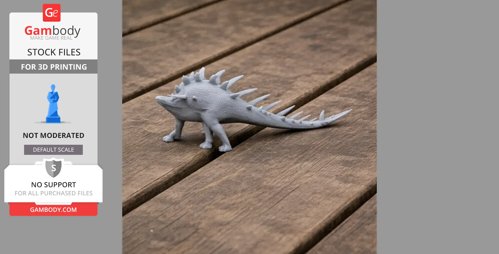 Gray 3D-printed Kentrosaurus model on wooden surface with spikes along its back and tail.