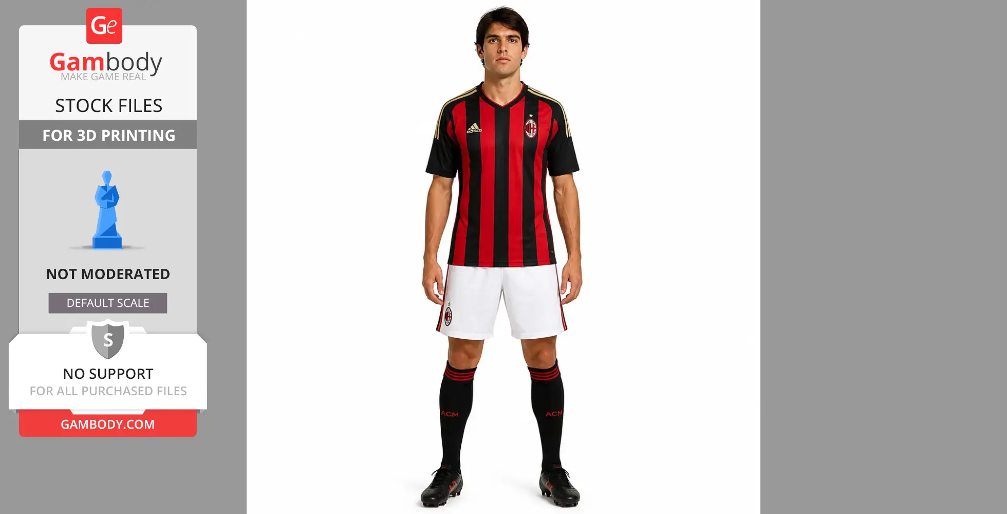A soccer player in a red and black striped jersey, white shorts, and black socks, standing on a white background.