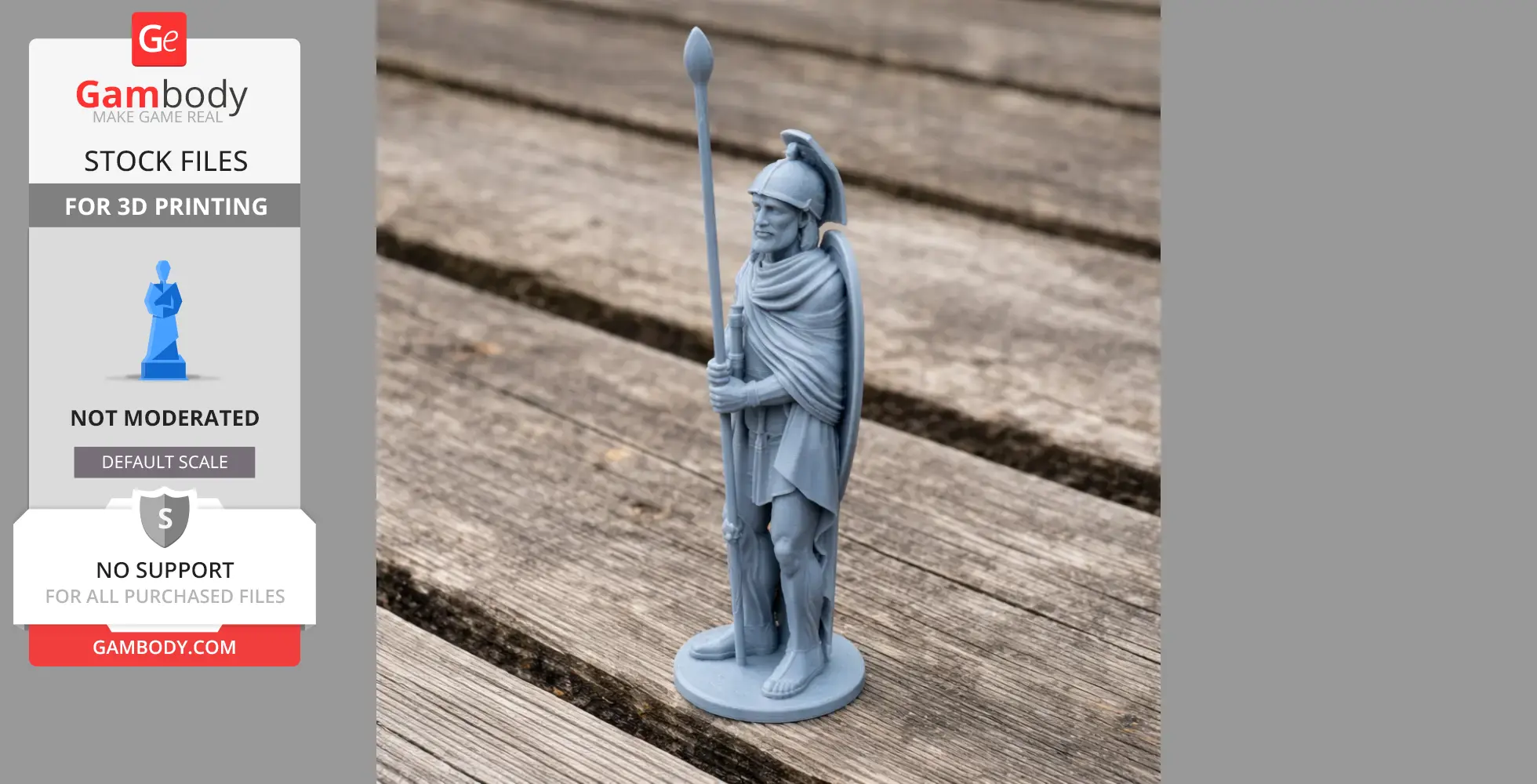 A detailed 3D-printed model of an ancient warrior holding a spear, wearing a helmet and cloak.