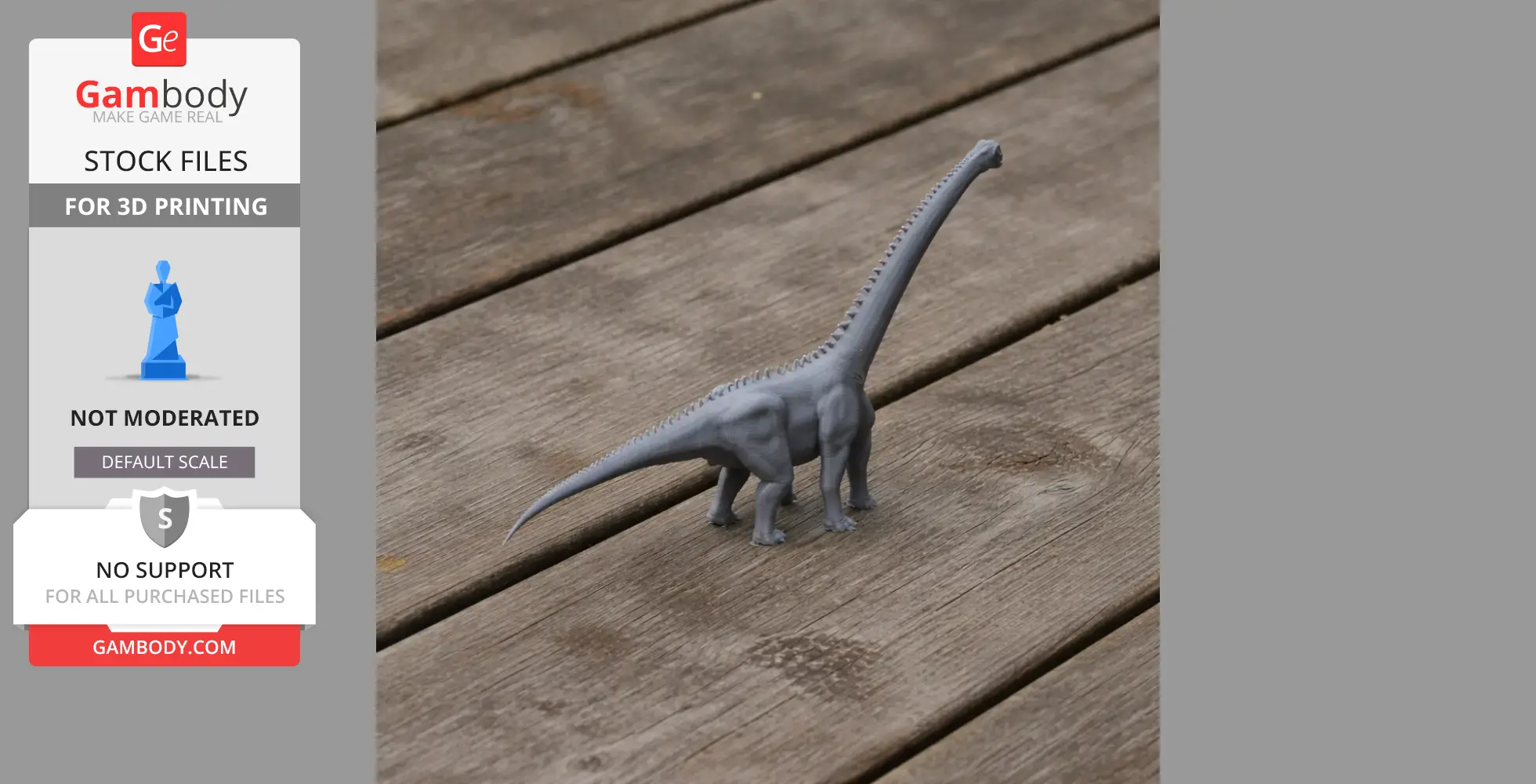 A 3D printed dinosaur model with a long neck on a wooden surface.