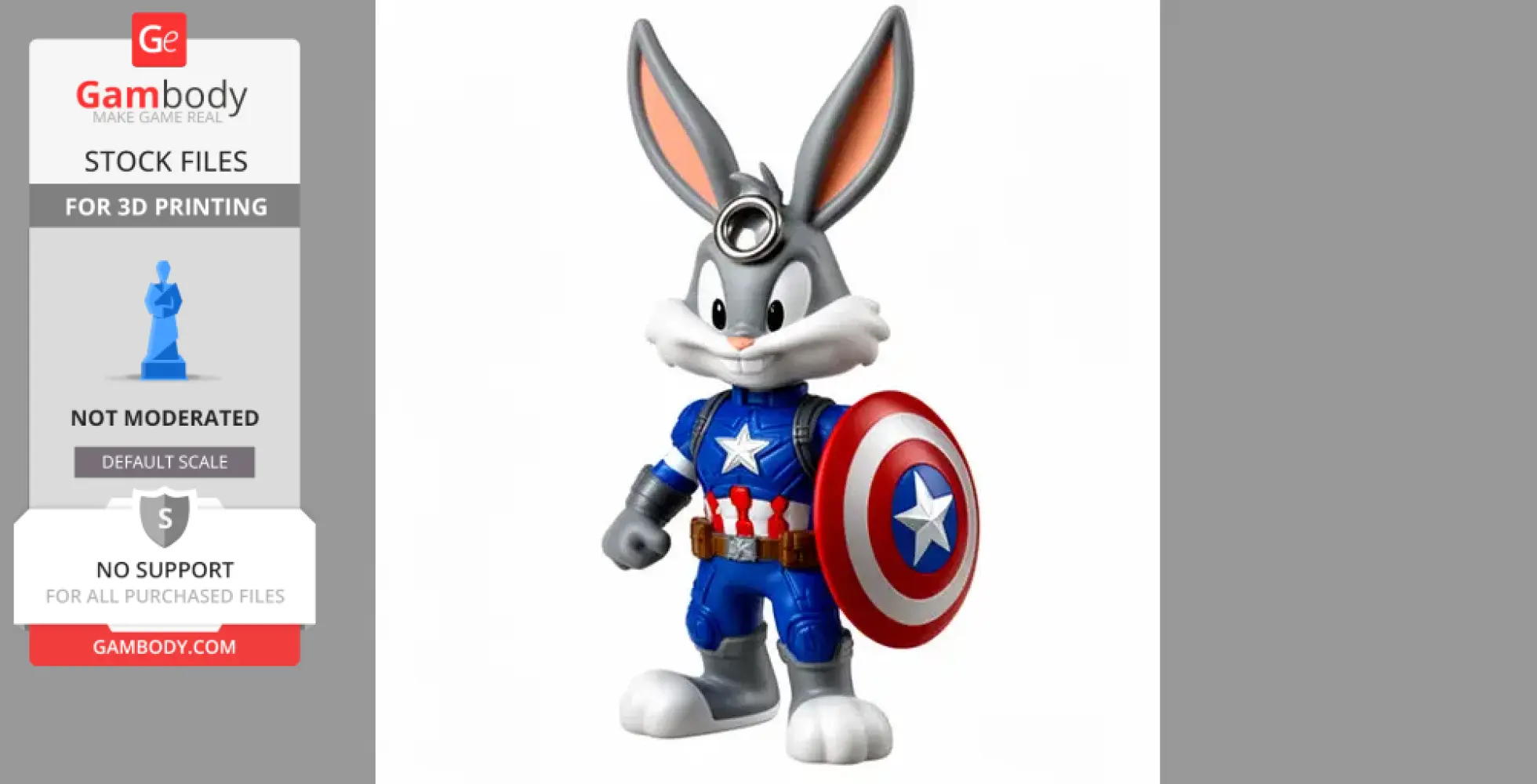 Cartoon rabbit in Captain America outfit holding a shield, designed for 3D printing.