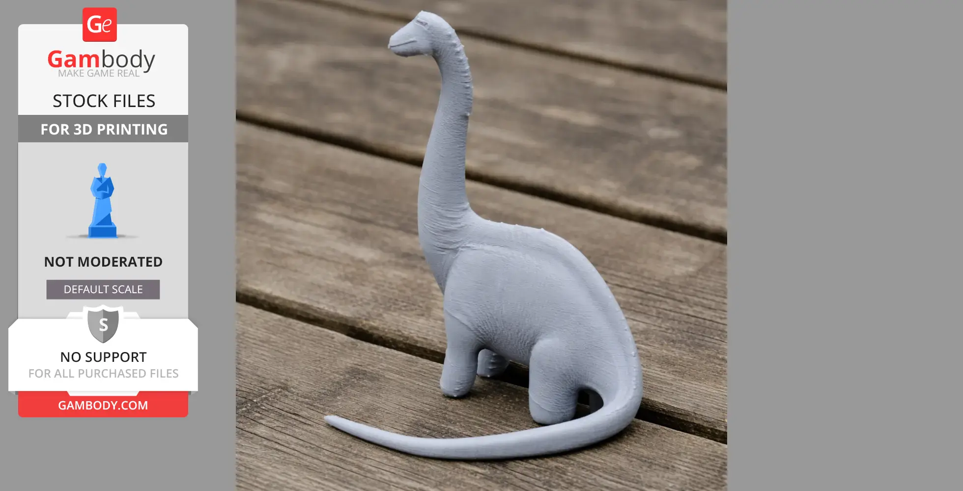 A 3D printed dinosaur model with a long neck, standing on a wooden surface.