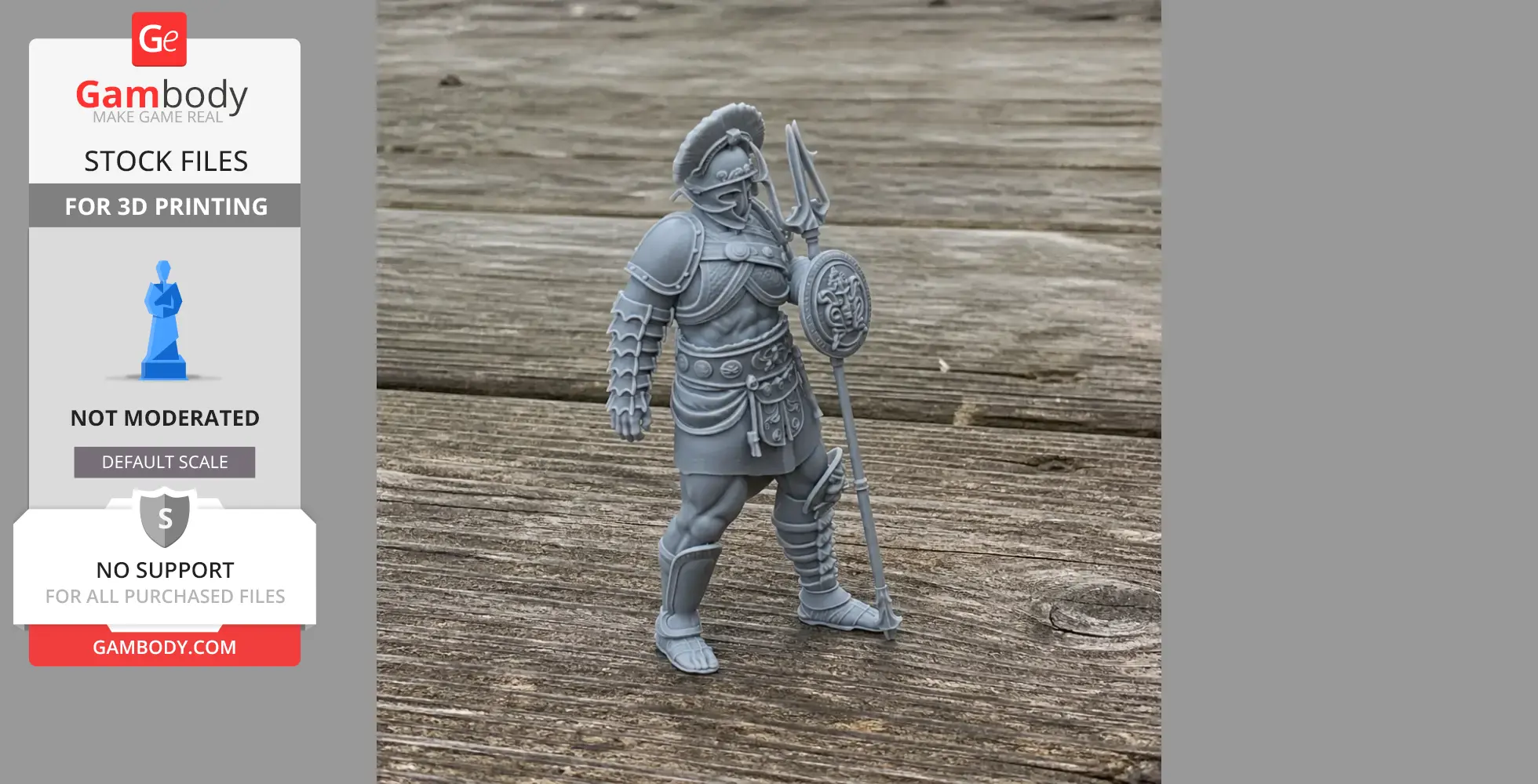 A detailed 3D printed model of a gladiator in armor, holding a spear and shield, on a wooden surface.