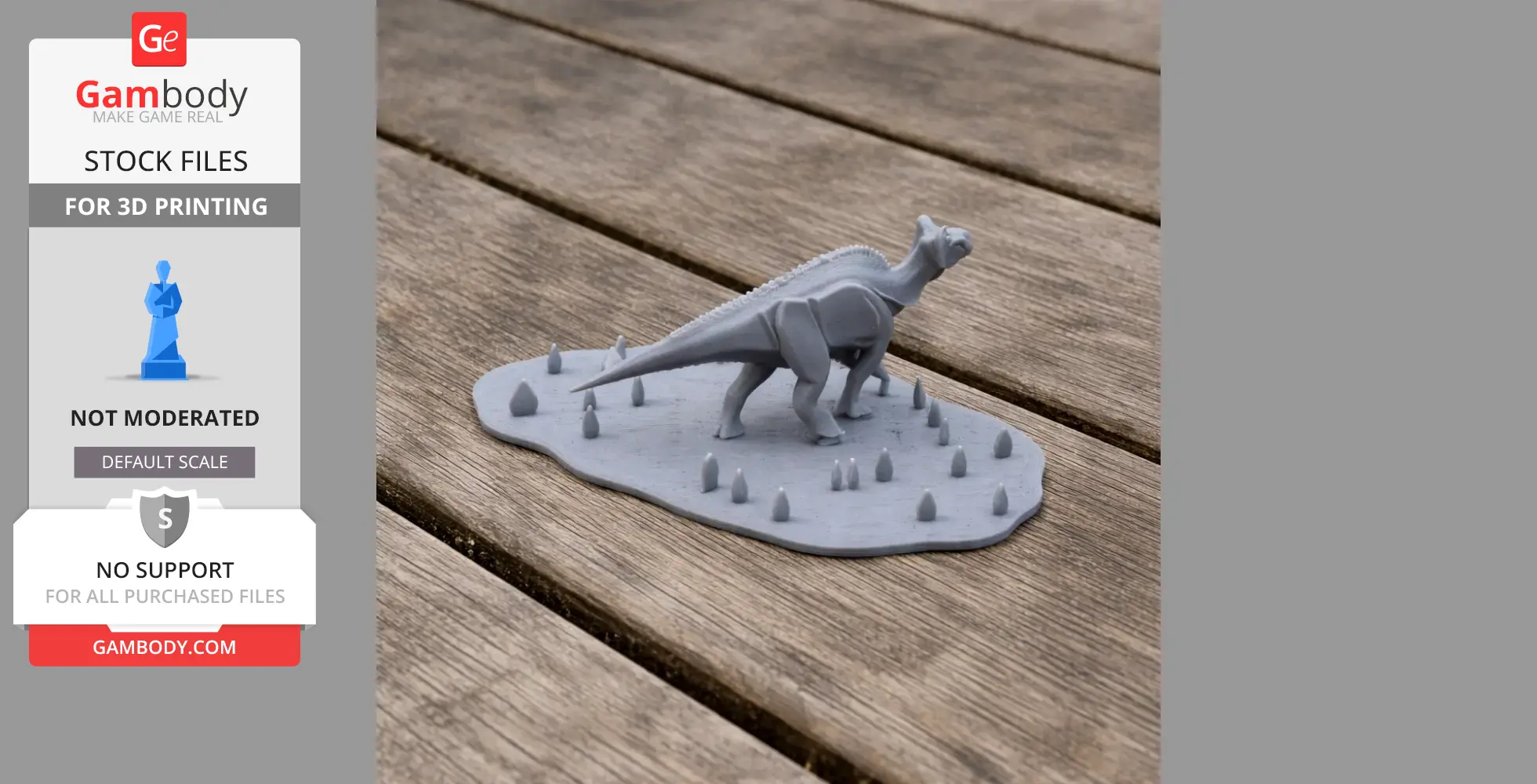 Gray 3D-printed Kritosaurus model on a base with small spikes, displayed on wooden boards.