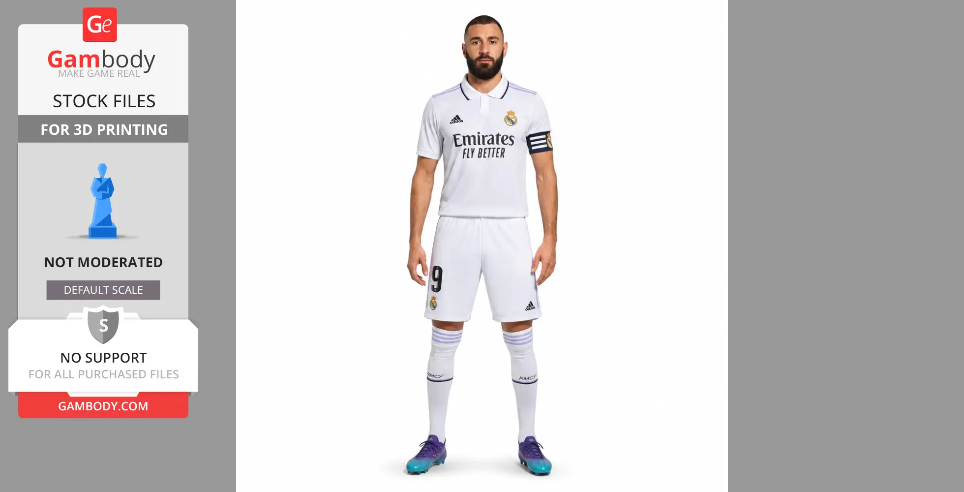 A 3D model file image showing a soccer player in a white uniform, ready for 3D printing.