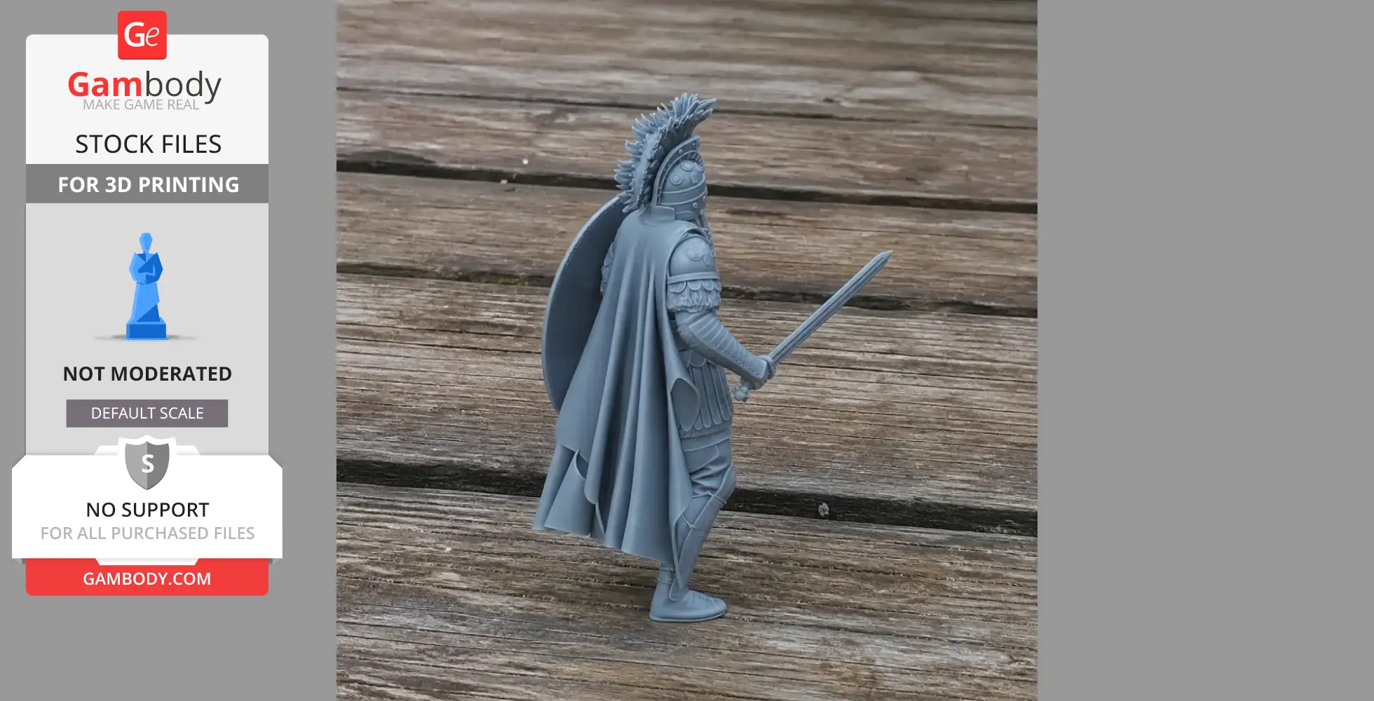 3D printed model of a Roman Legionary with a sword and cape, standing on a wooden surface.