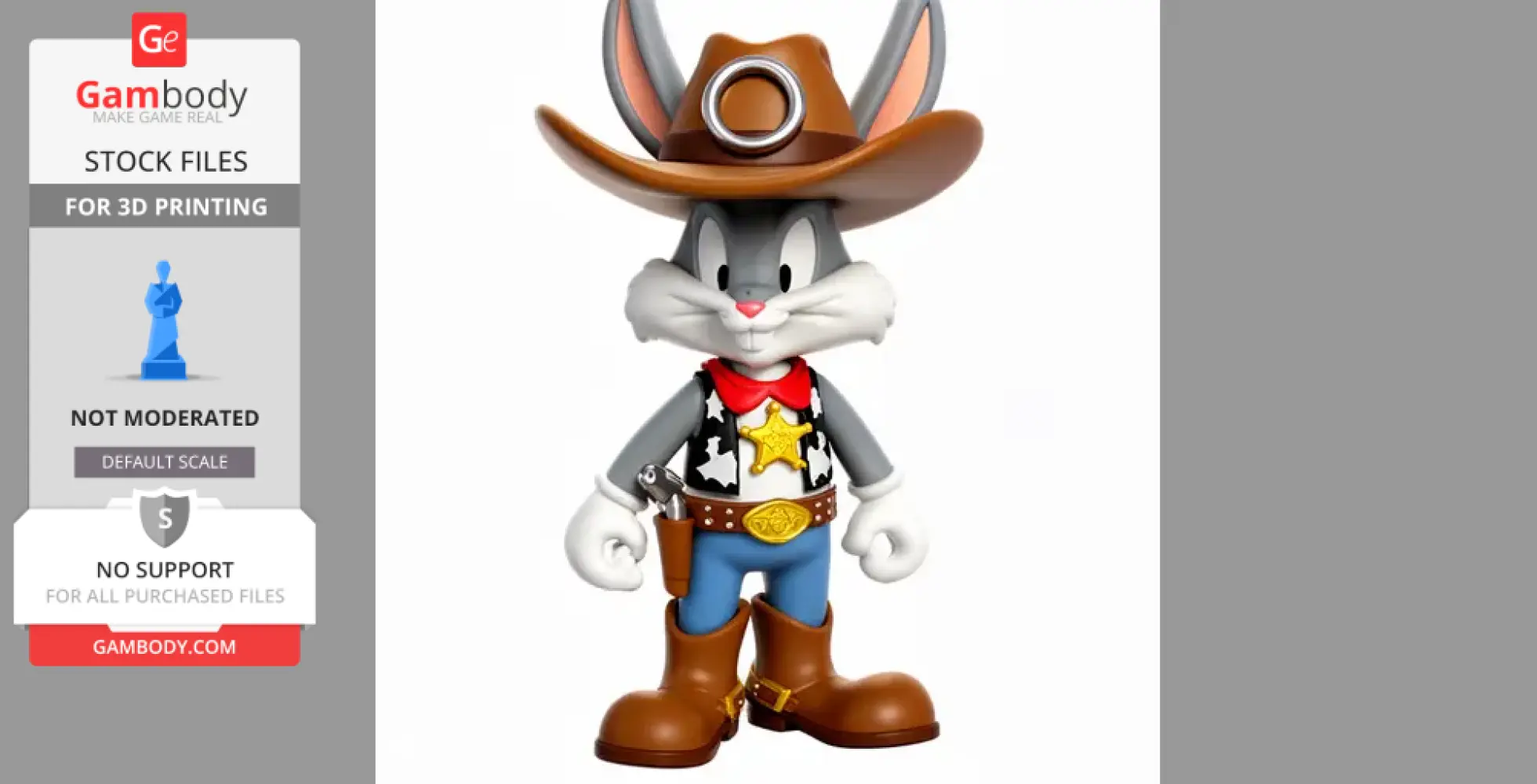 Cartoon rabbit in cowboy outfit with hat, boots, and sheriff badge, holding a ring. 3D model for printing.