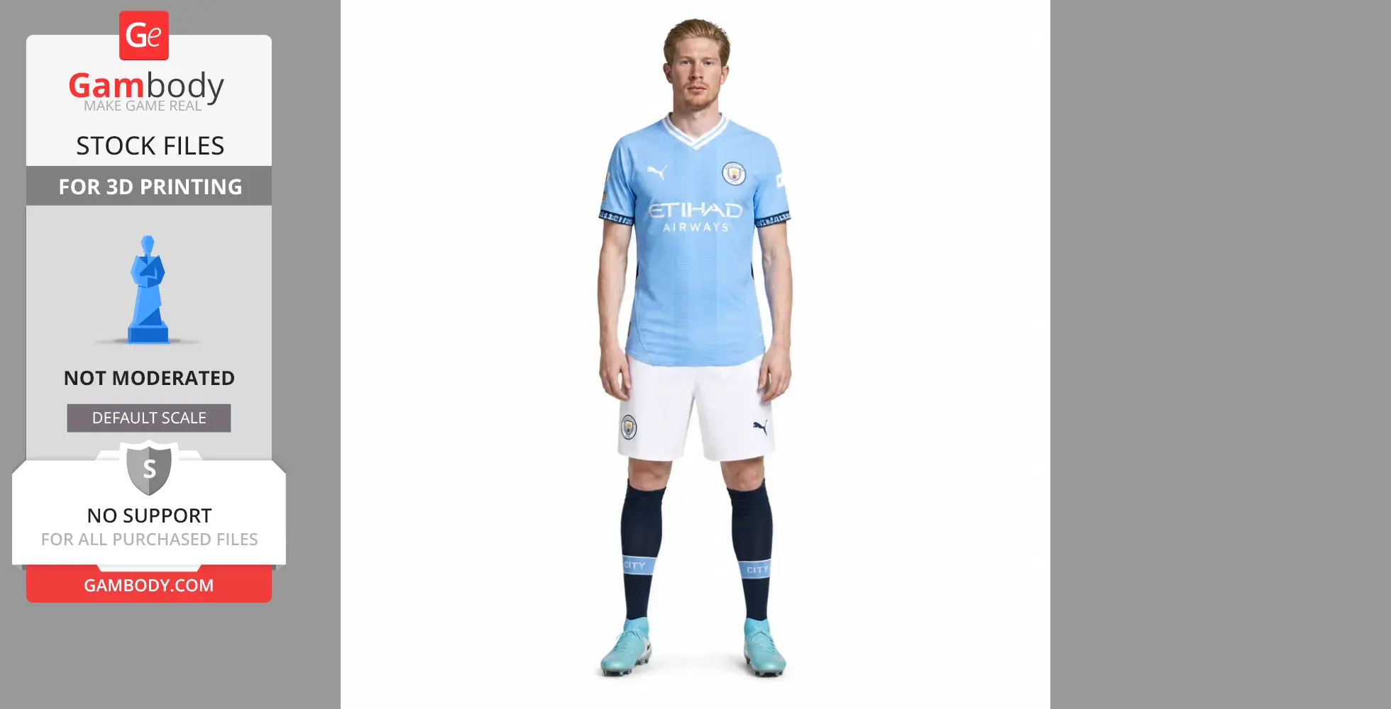 A standing male figure in a light blue soccer jersey and white shorts.