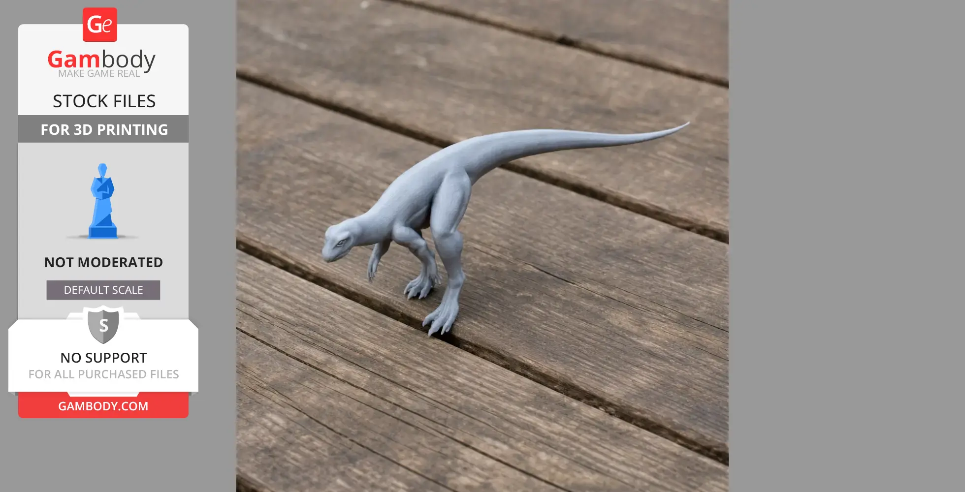 A gray 3D-printed dinosaur model with a long tail stands on a wooden surface.