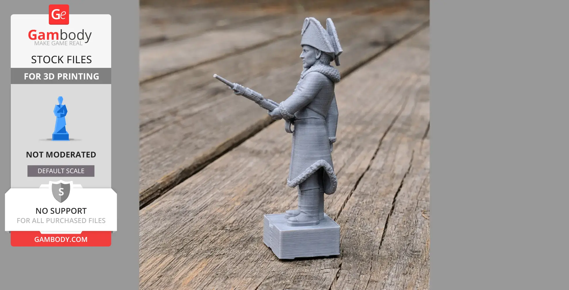 3D printed model of a Napoleonic soldier in uniform, holding a rifle, on a wooden surface.