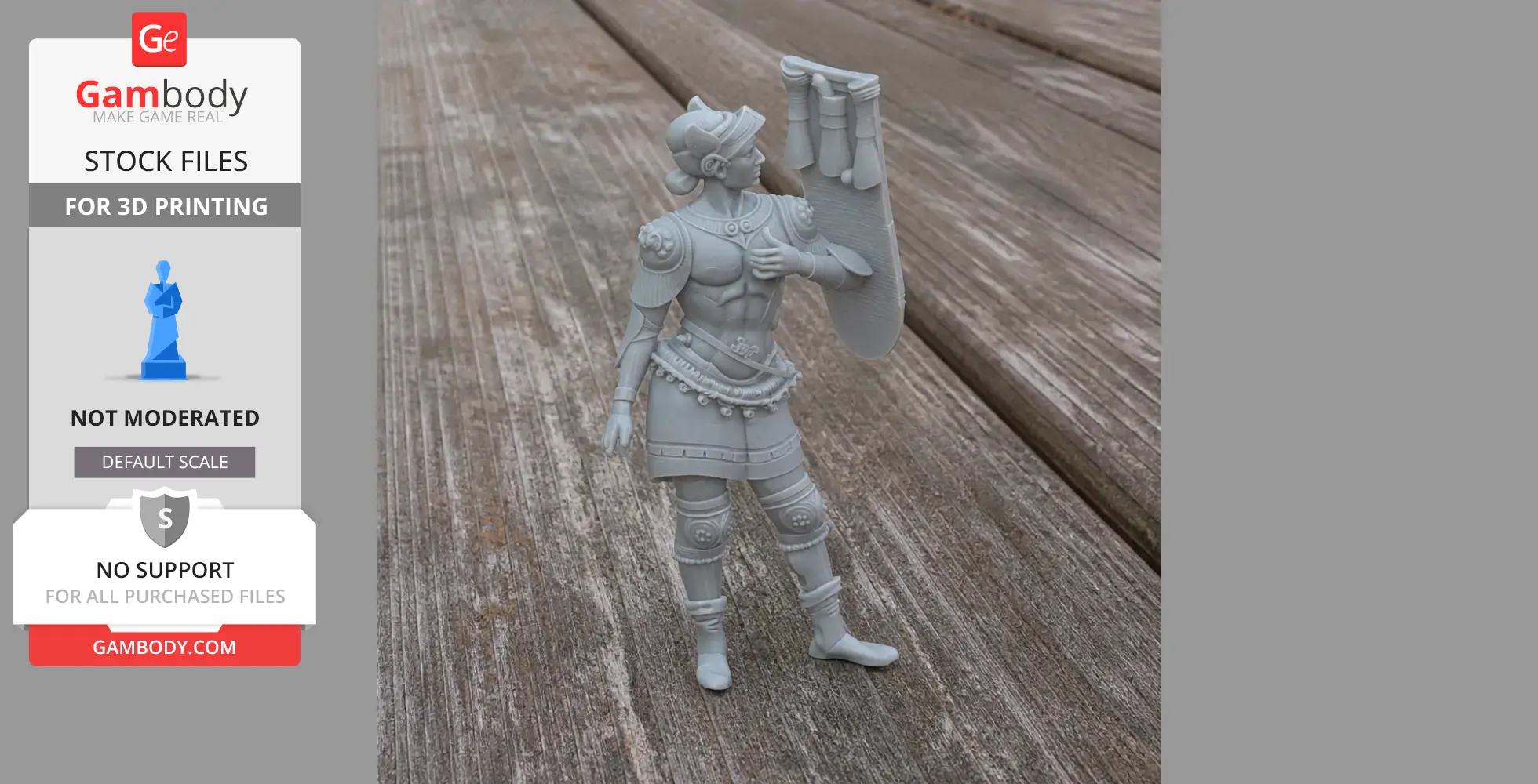 3D printed model of a Roman legionary holding a shield, standing on a wooden surface.