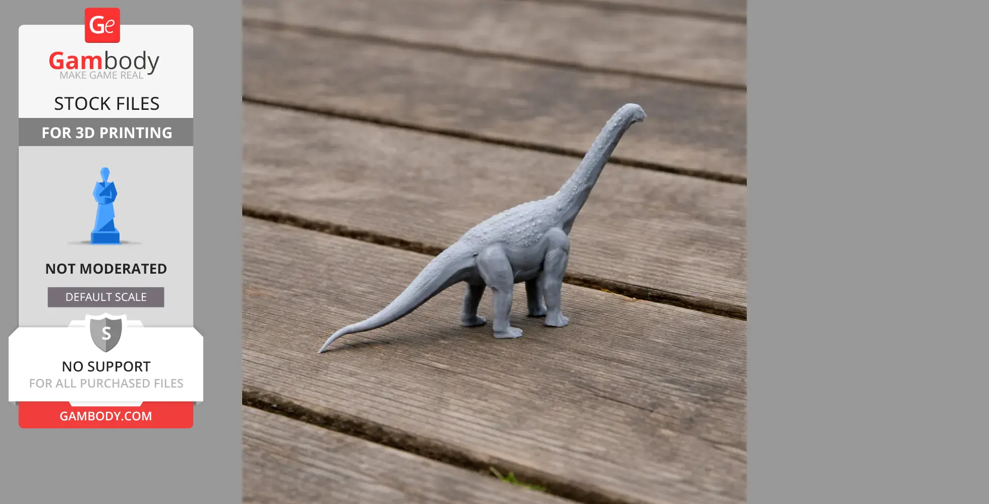 A 3D printed model of a Laplatasaurus dinosaur on a wooden surface.