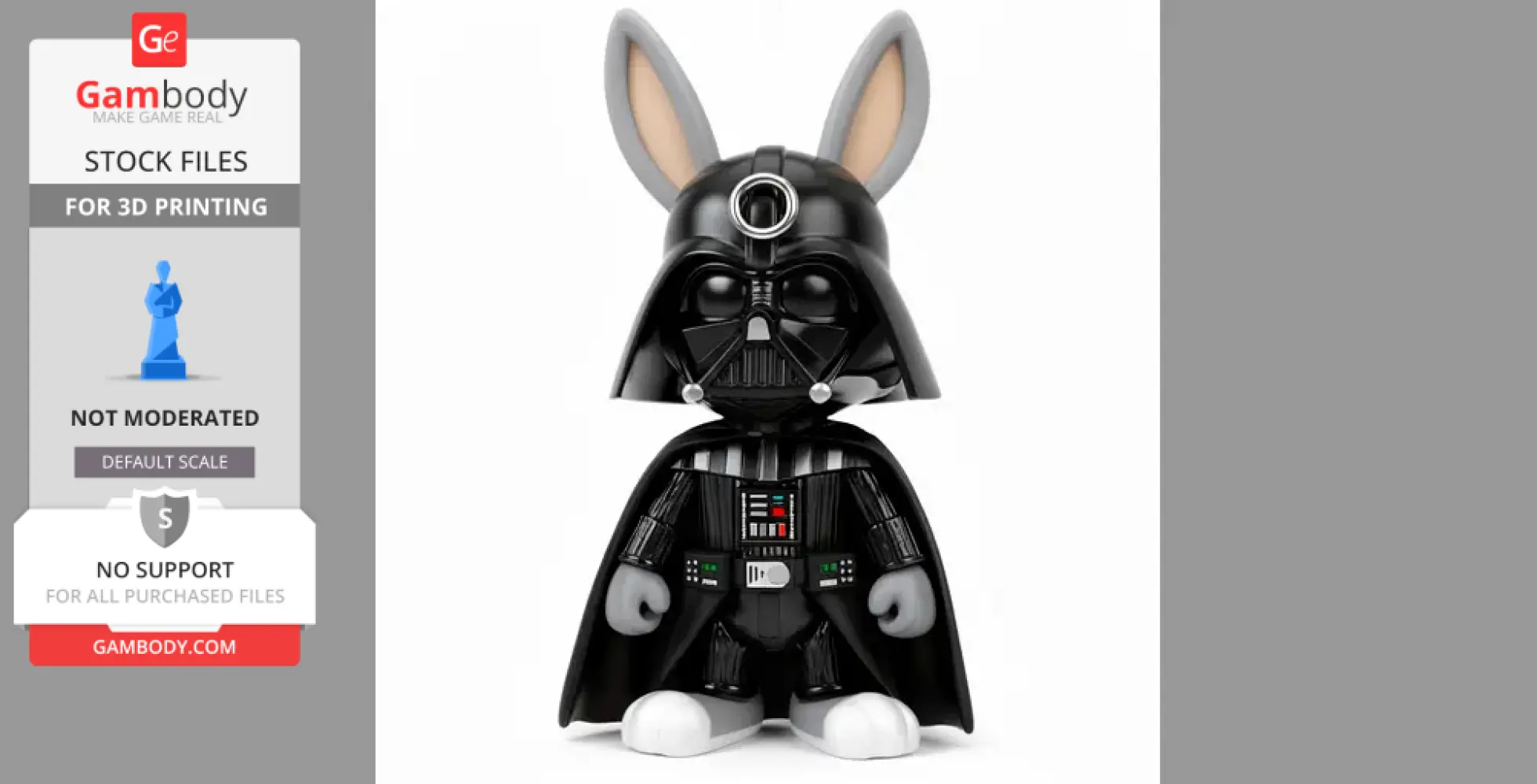 A cartoonish figure combining Darth Vader's outfit with bunny ears, designed for 3D printing.