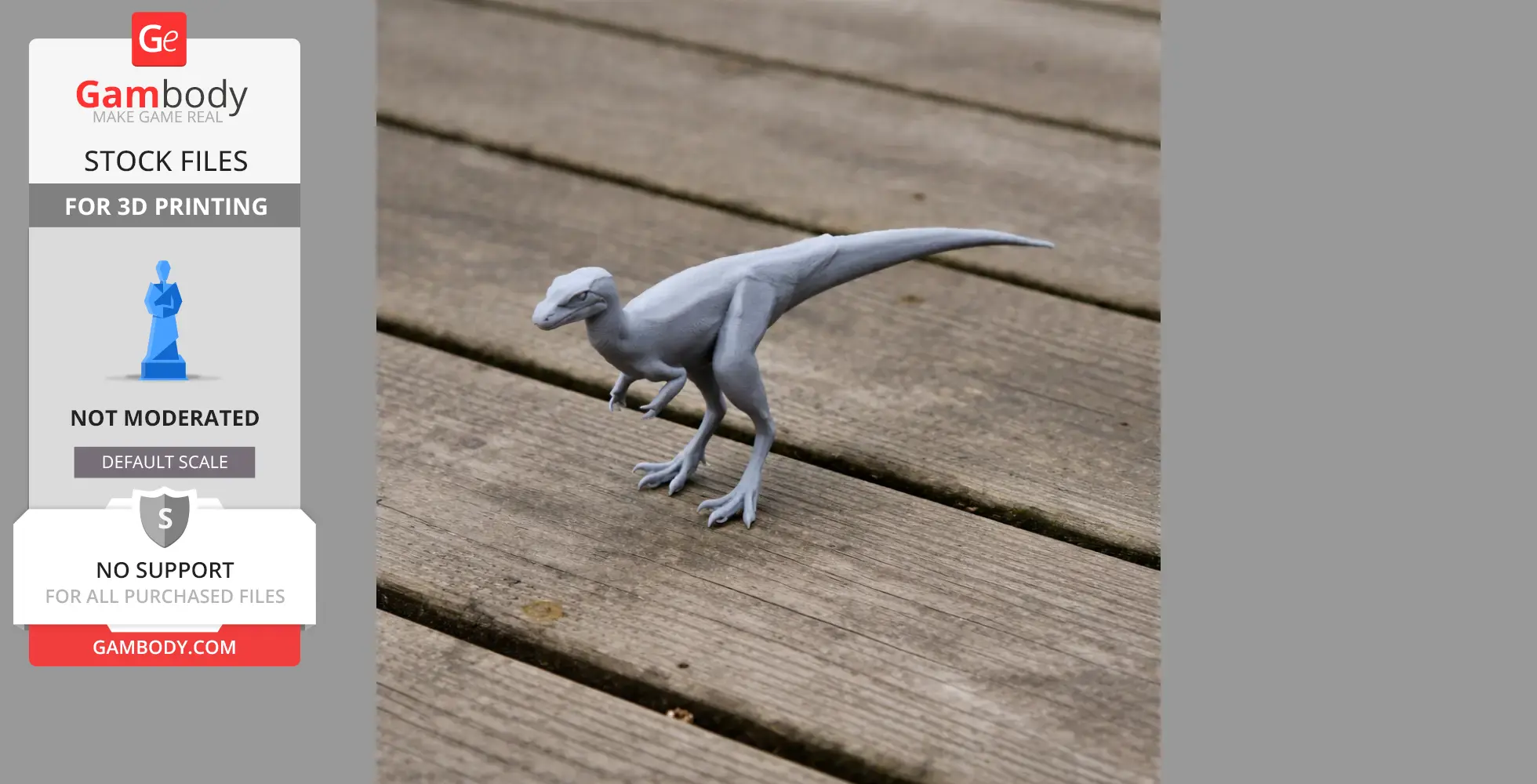 A gray 3D-printed model of a Laquintasaura dinosaur is placed on a wooden surface.