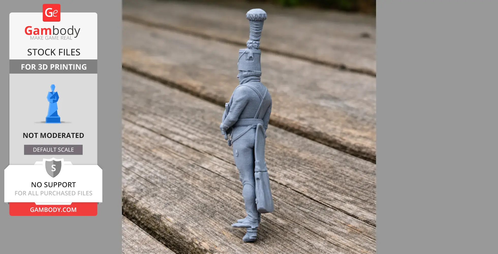 Napoleonic soldier 3D print model on wooden surface, in detailed uniform with tall feathered hat.