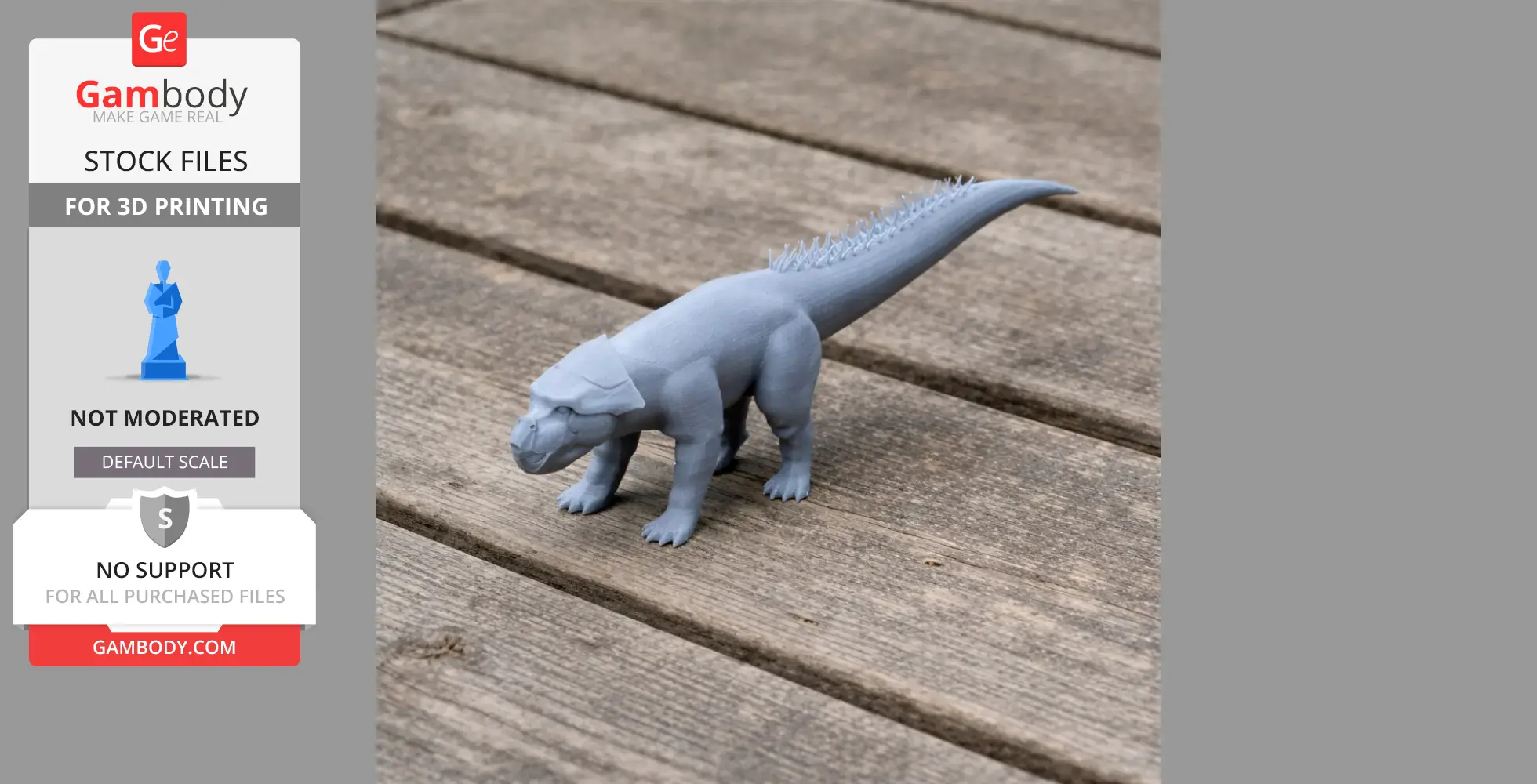 A detailed, gray 3D-printed model of a Leptoceratops on a wooden surface.