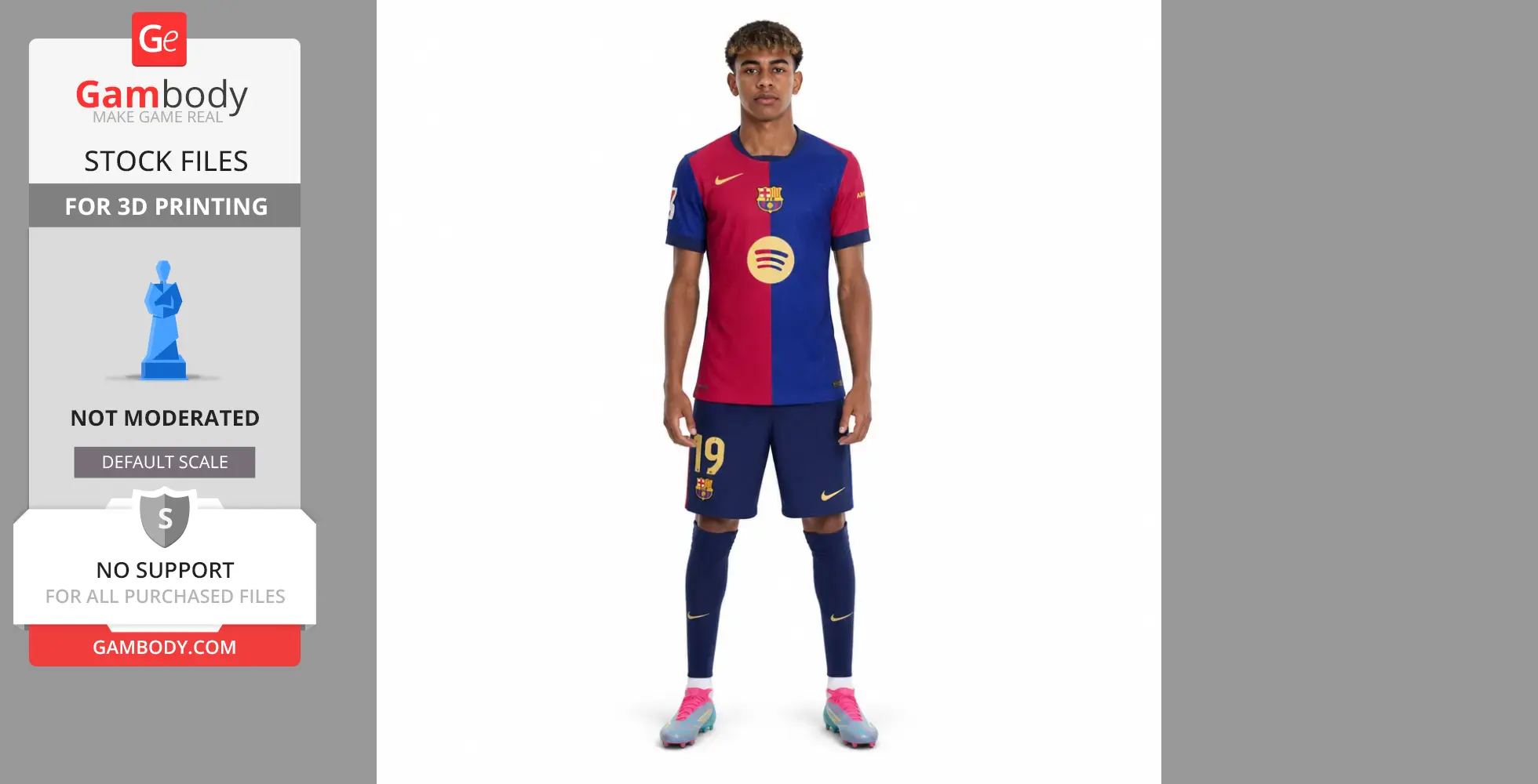 A football player in a red and blue jersey with number 19. Gambody stock file for 3D printing.