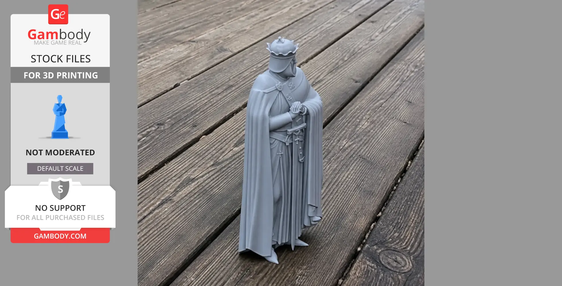 A detailed 3D-printed knight statue in armor and cloak, standing on a wooden surface.