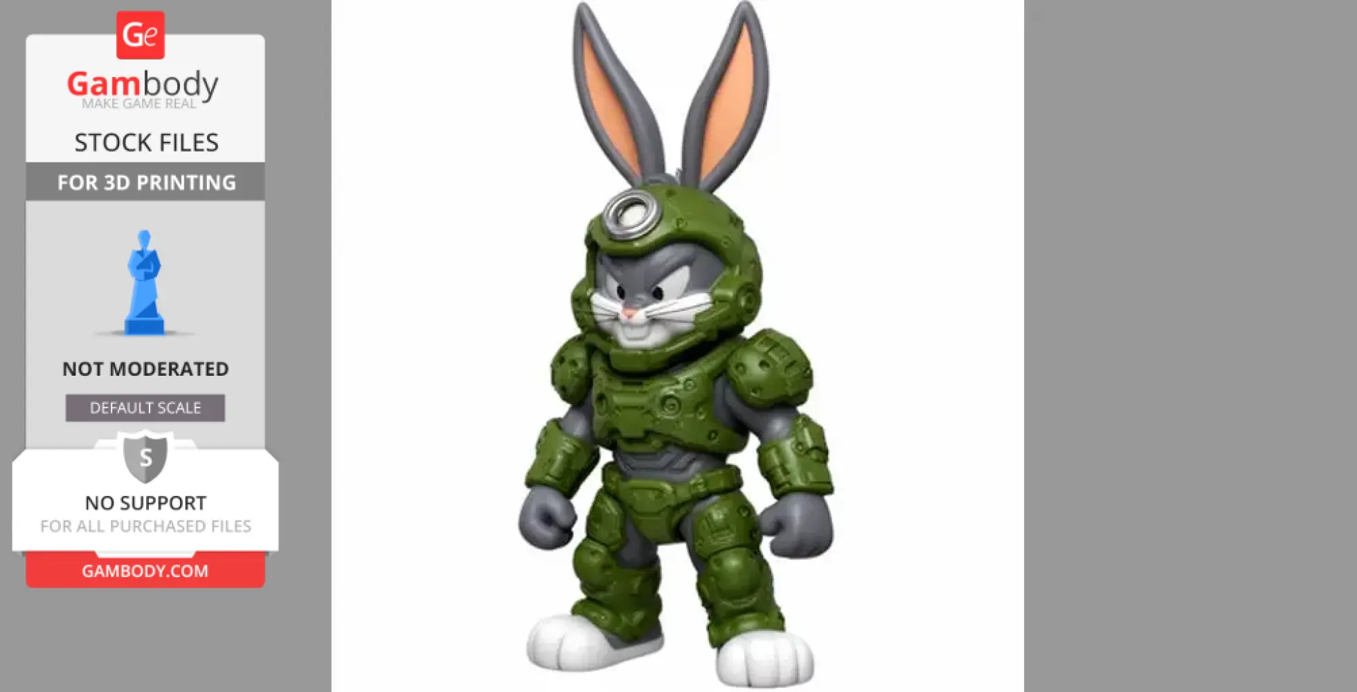 A cartoon rabbit character in green sci-fi armor, resembling a space marine.