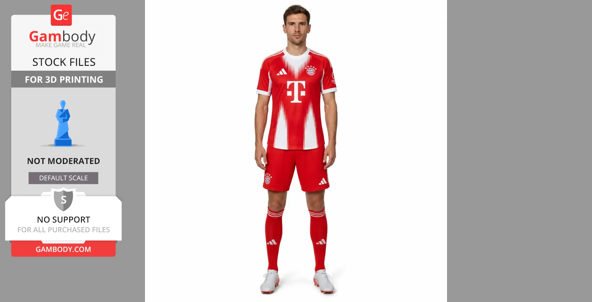 A 3D rendering of a soccer player in a red and white uniform, suitable for 3D printing.