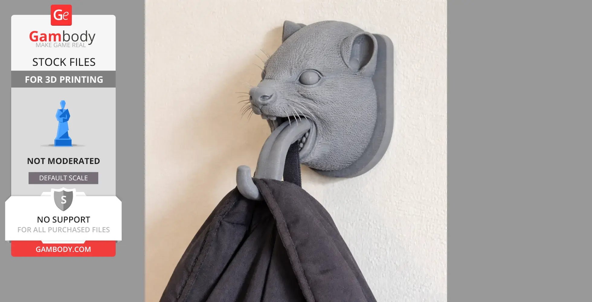 3D-printed hyrax head wall hook with a coat hanging from its mouth.