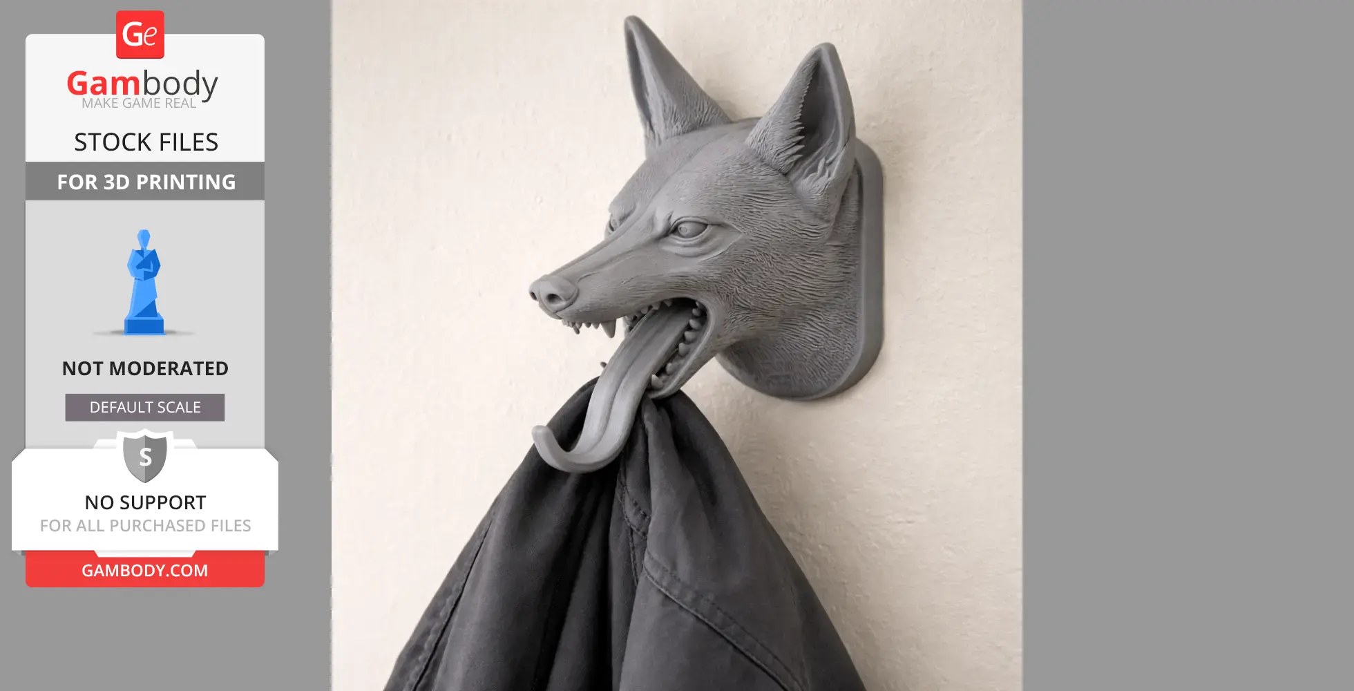 Jackal head wall mount with open mouth serves as a coat and key hanger.